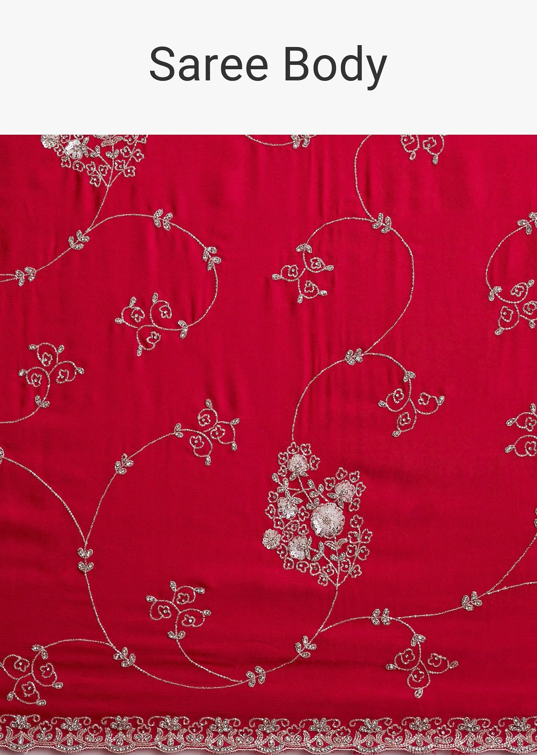 Red Chinon Saree With Floral Cutdana Sequins Jaal And Scallop Border - Image 9