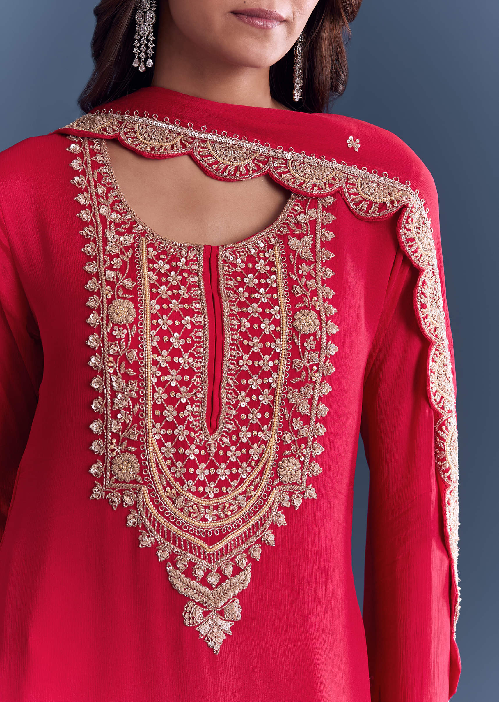 Red Chinon Sharara Suit With Cutdana And Sequins Embroidery - Image 2