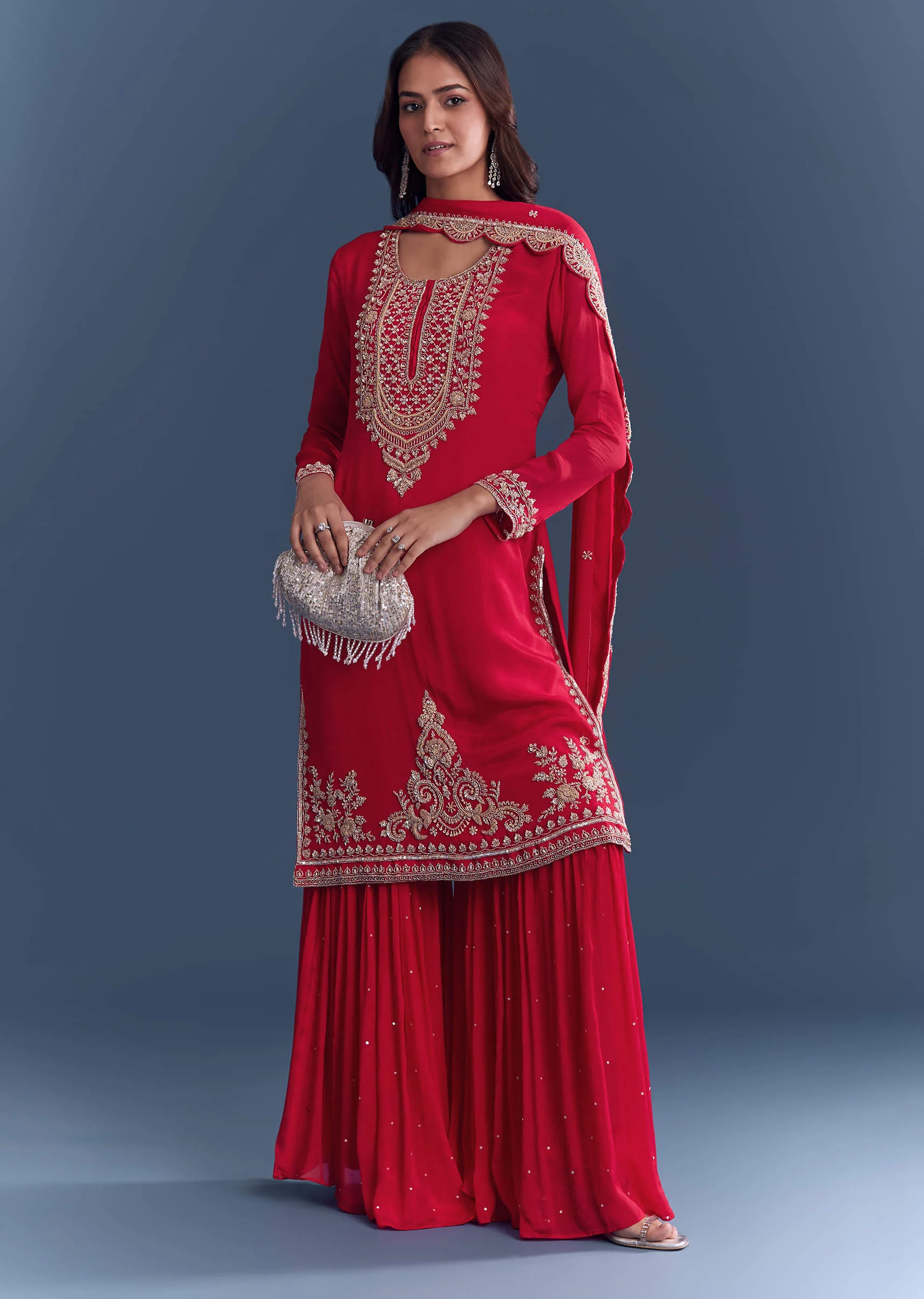 Red Chinon Sharara Suit With Cutdana And Sequins Embroidery - Image 3