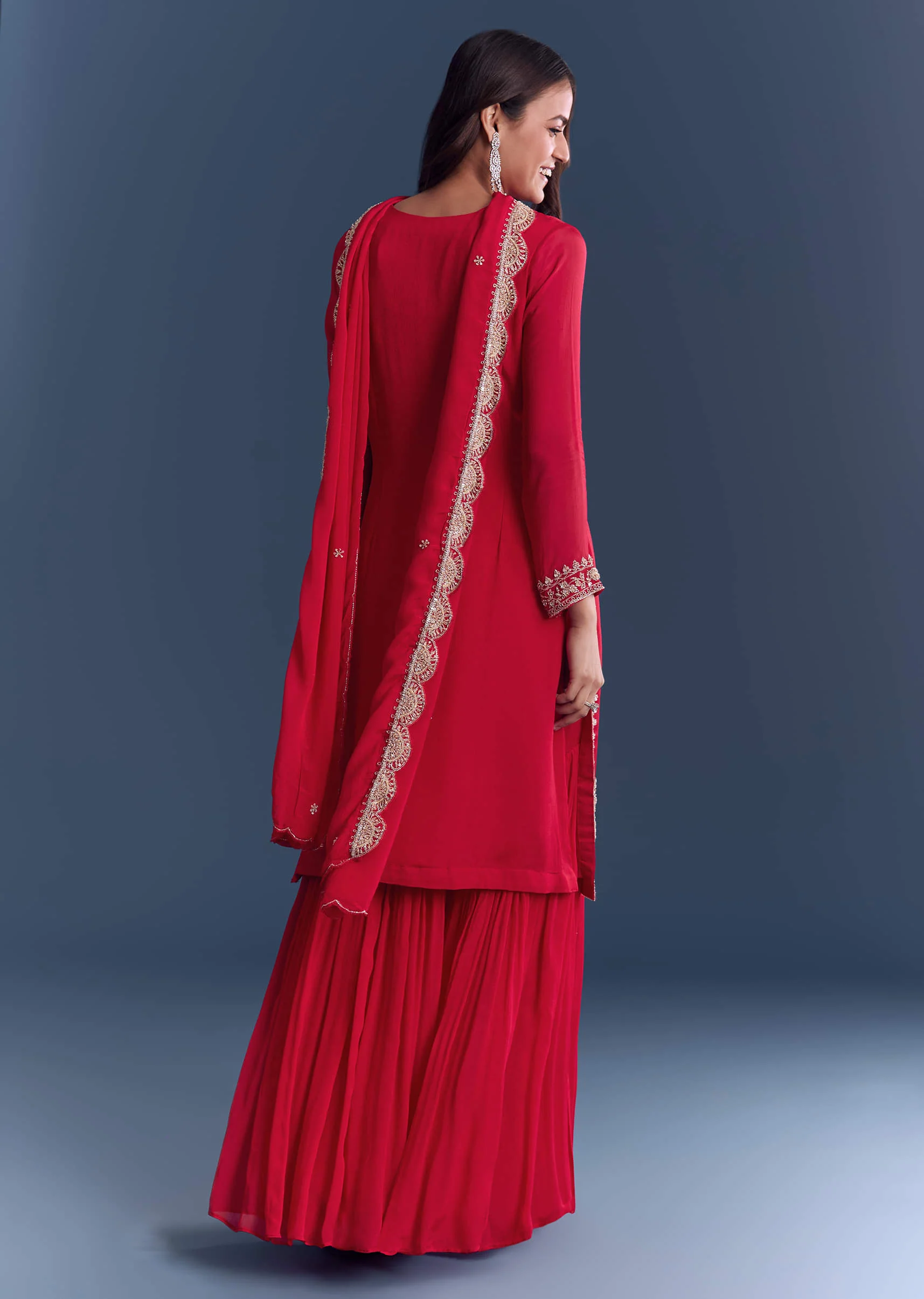 Red Chinon Sharara Suit With Cutdana And Sequins Embroidery - Image 5