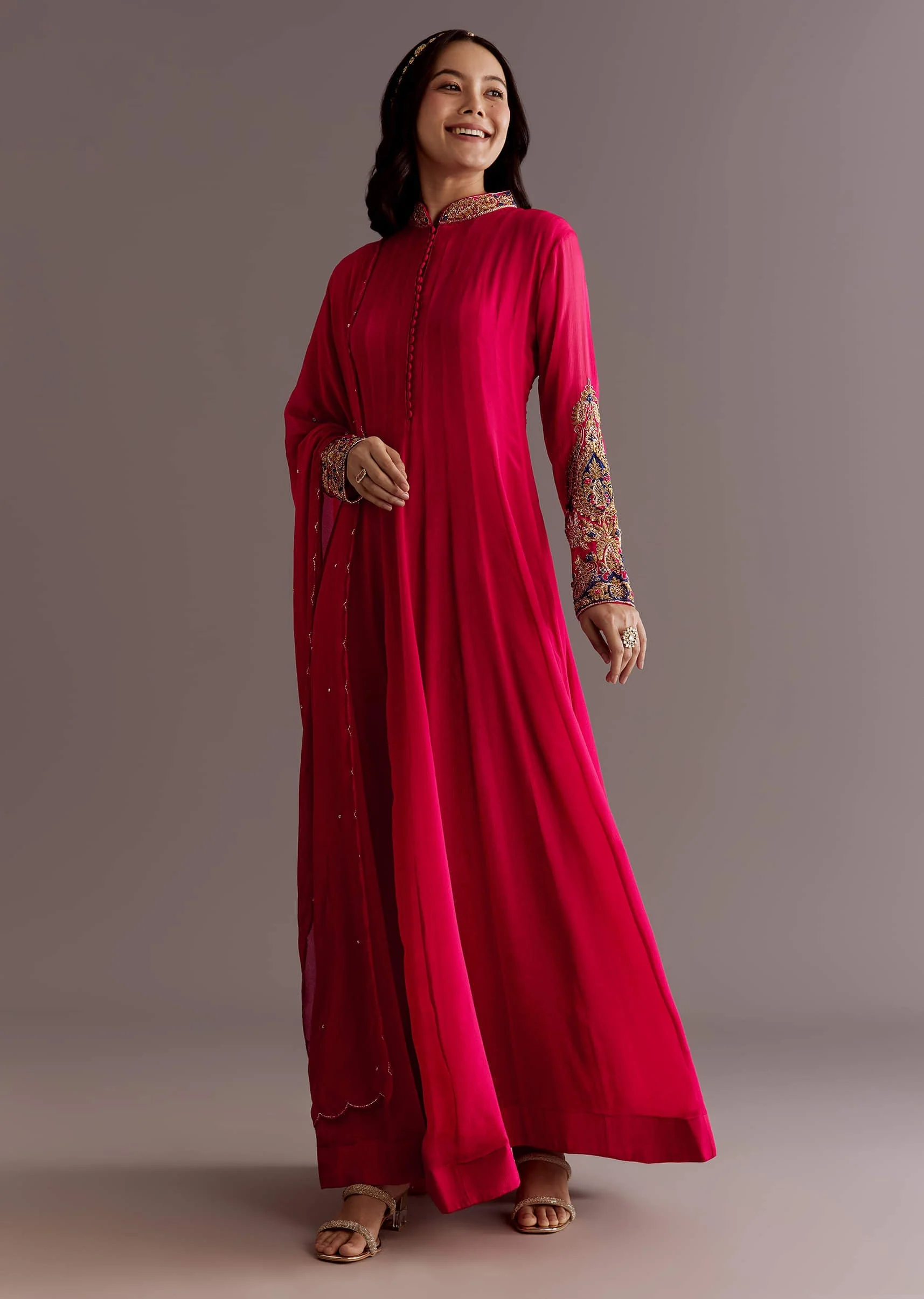 Red Chinon Zardosi Anarkali Suit With Cutdana Dupatta - Image 2