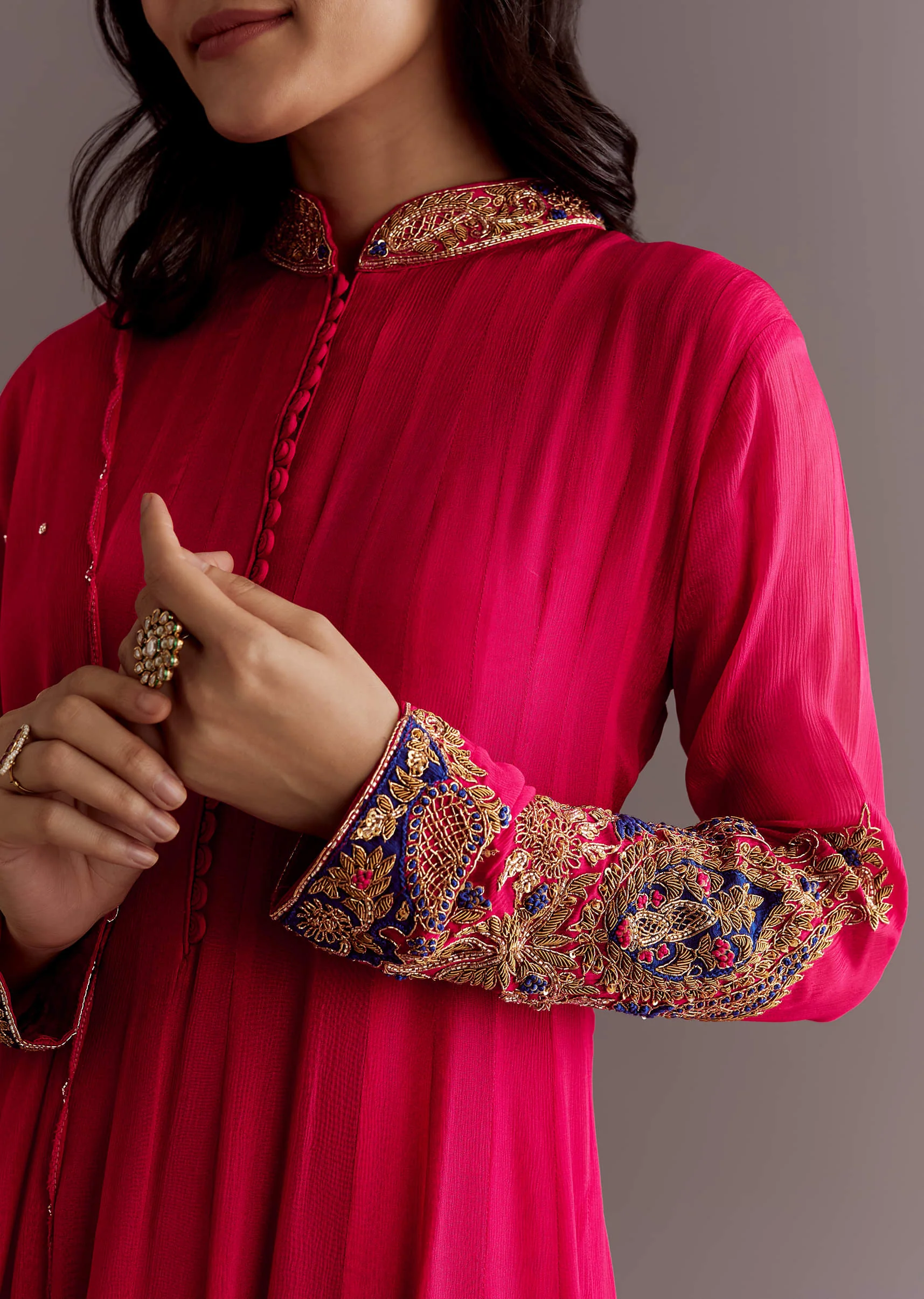 Red Chinon Zardosi Anarkali Suit With Cutdana Dupatta - Image 3