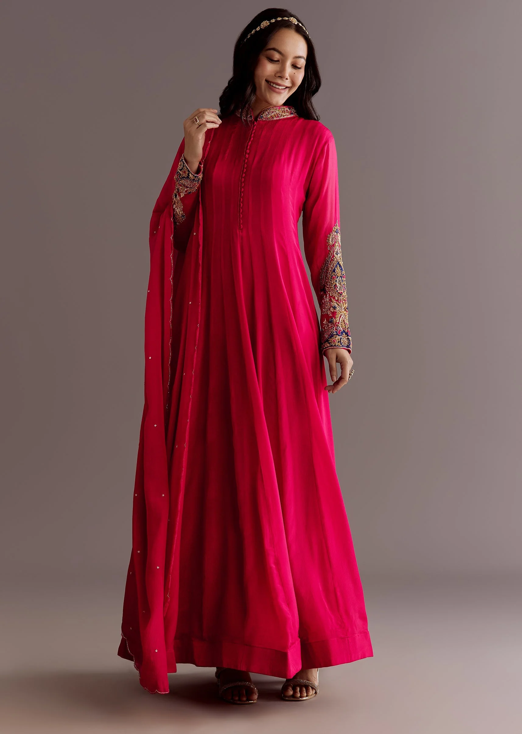 Red Chinon Zardosi Anarkali Suit With Cutdana Dupatta - Image 4
