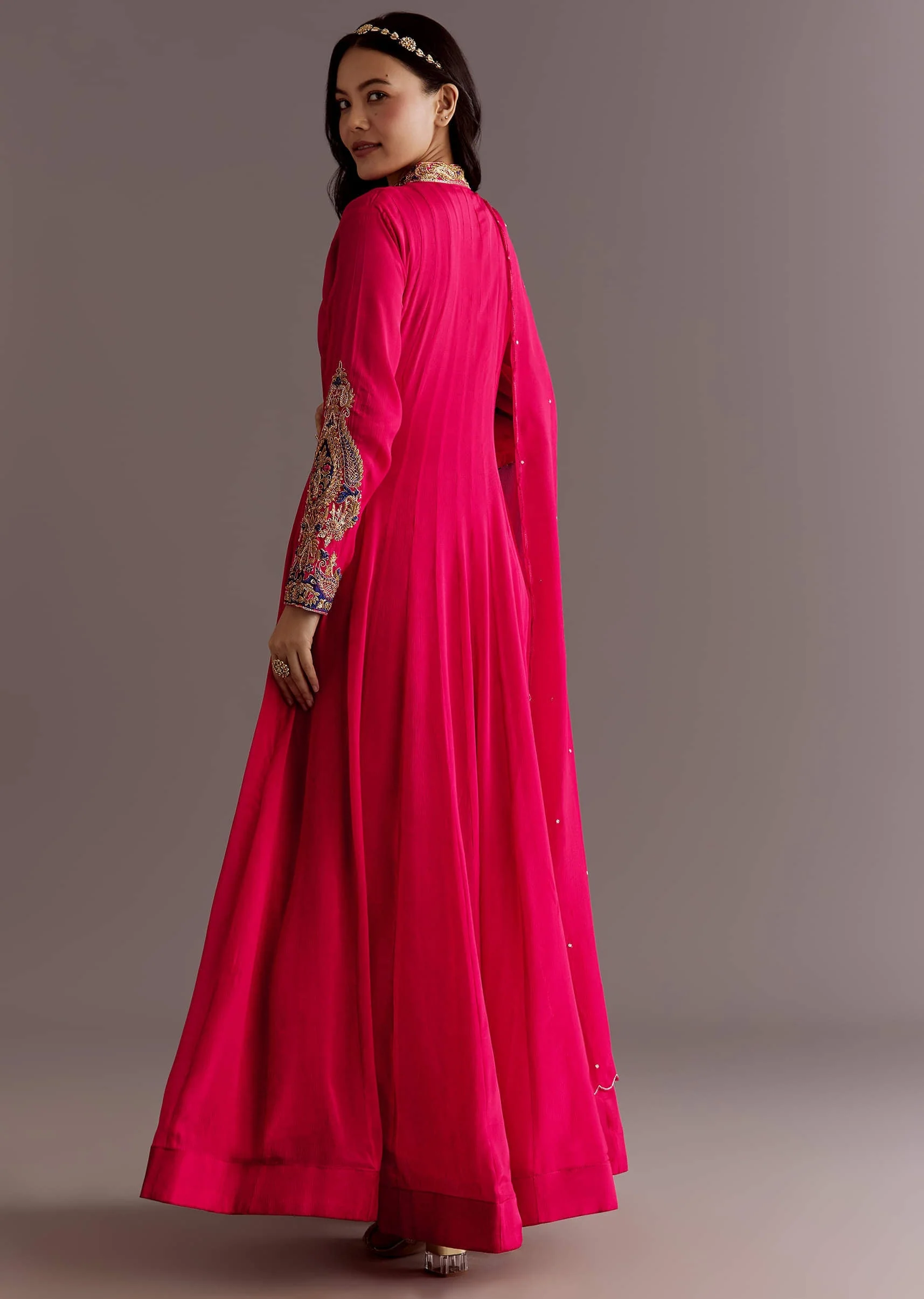 Red Chinon Zardosi Anarkali Suit With Cutdana Dupatta - Image 5