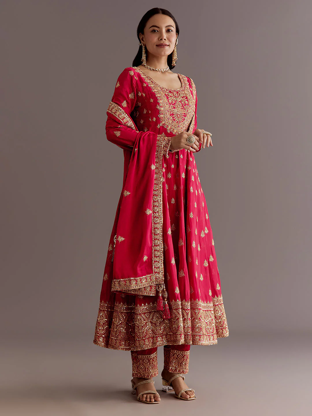 Red Chinon Zari Sequin Anarkali Suit With Dupatta - Image 4