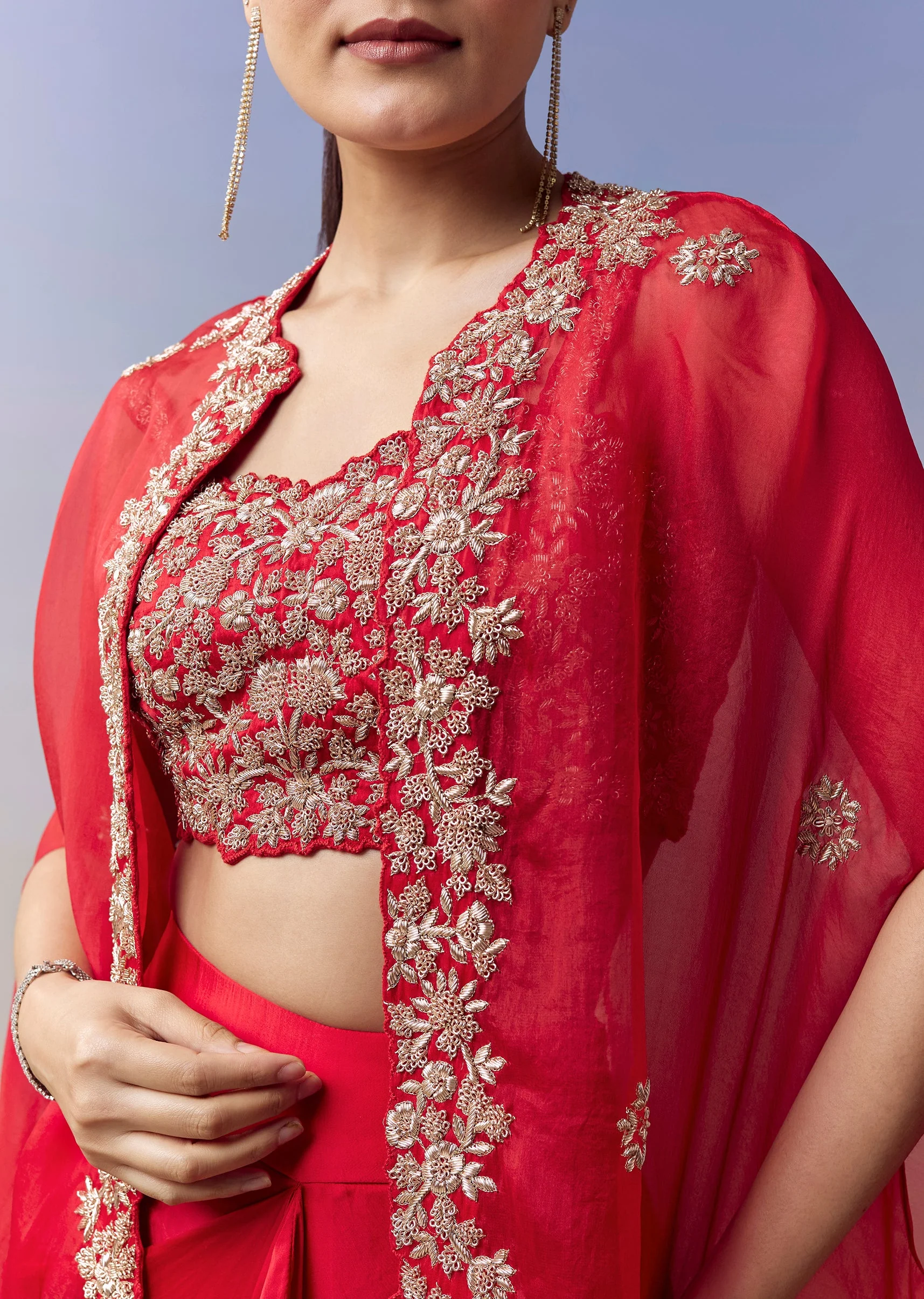 Red Contemporary Crop Top Skirt Set With Zardosi Work And Organza Cape - Image 2