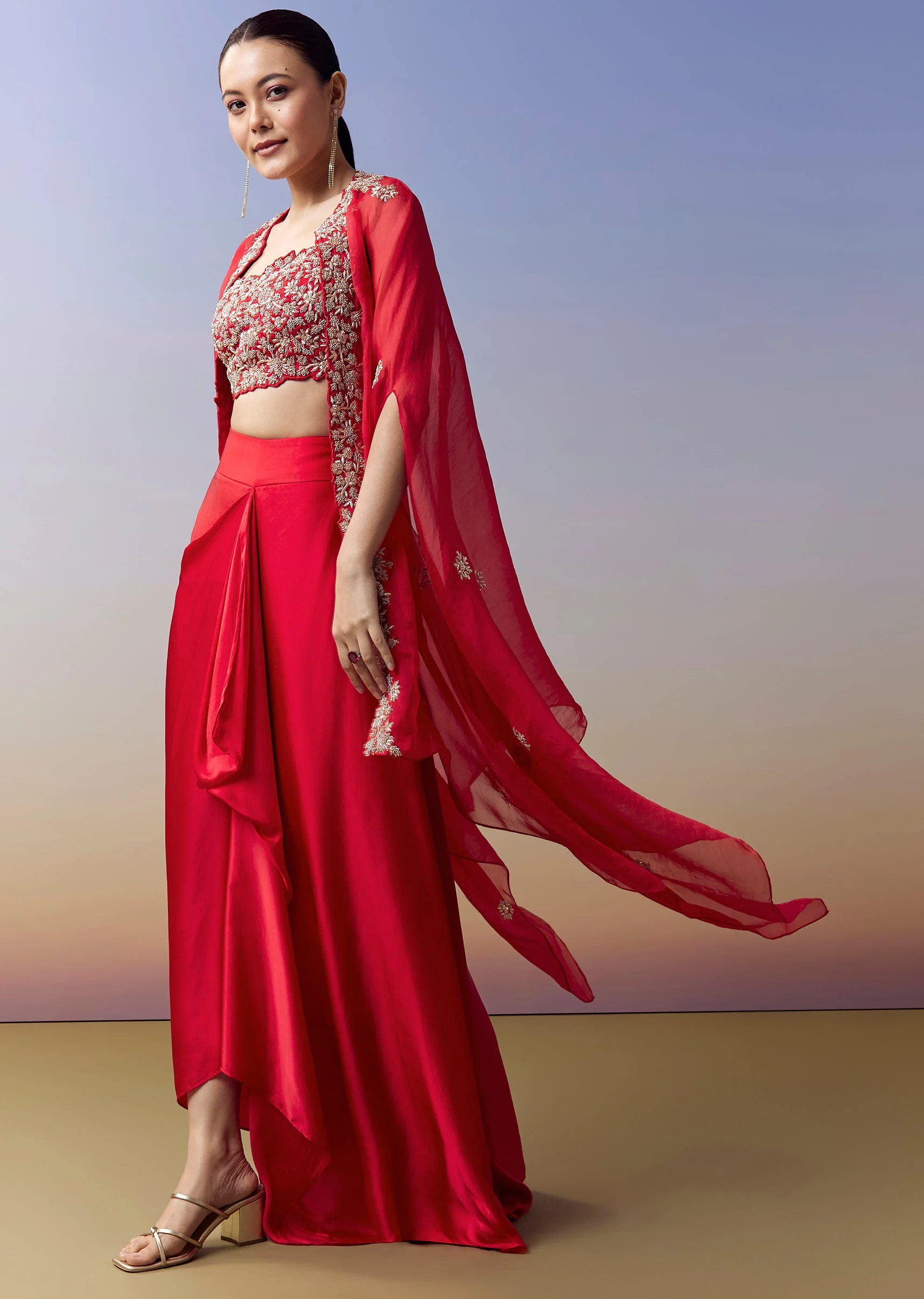 Red Contemporary Crop Top Skirt Set With Zardosi Work And Organza Cape - Image 3
