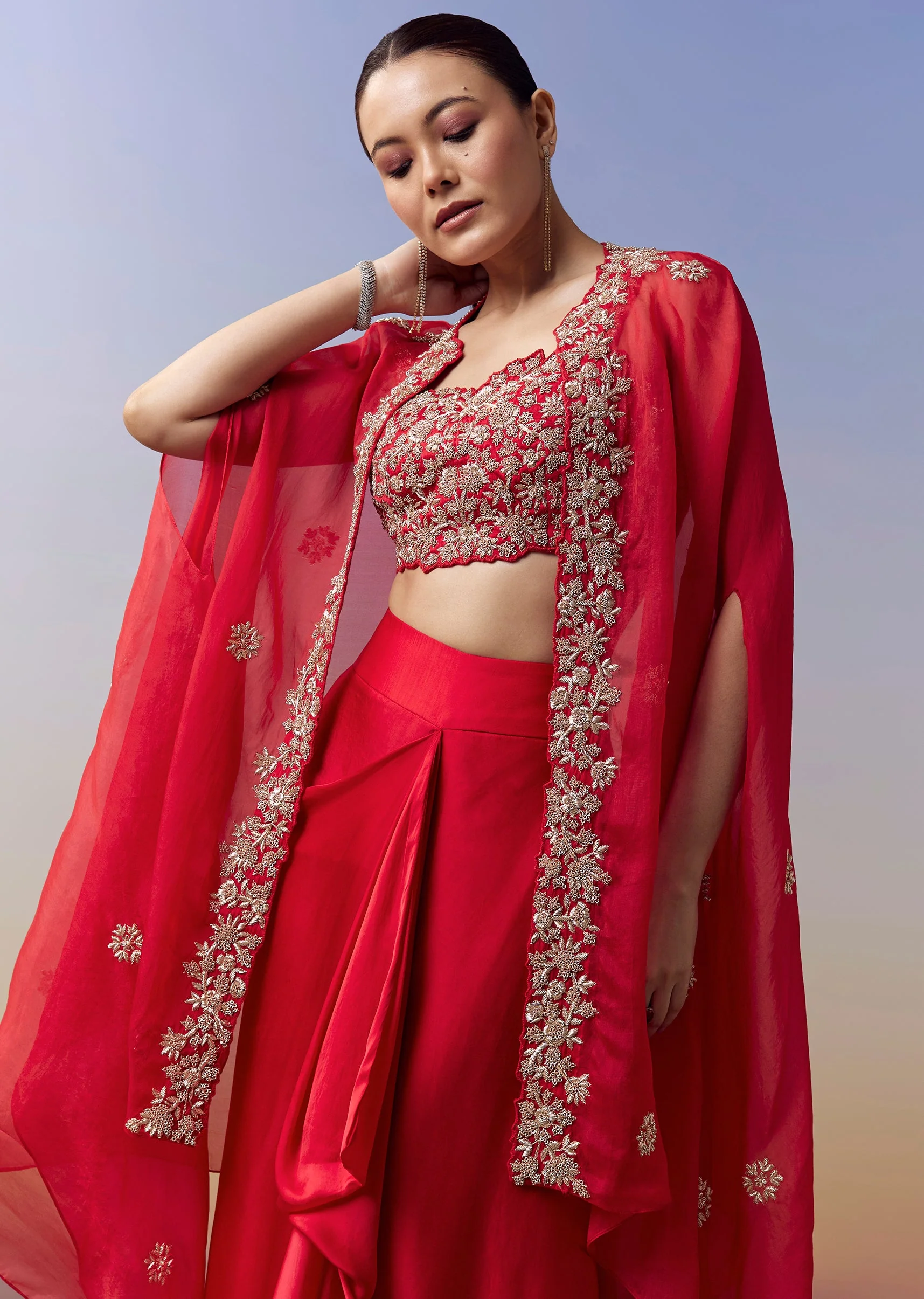 Red Contemporary Crop Top Skirt Set With Zardosi Work And Organza Cape - Image 4