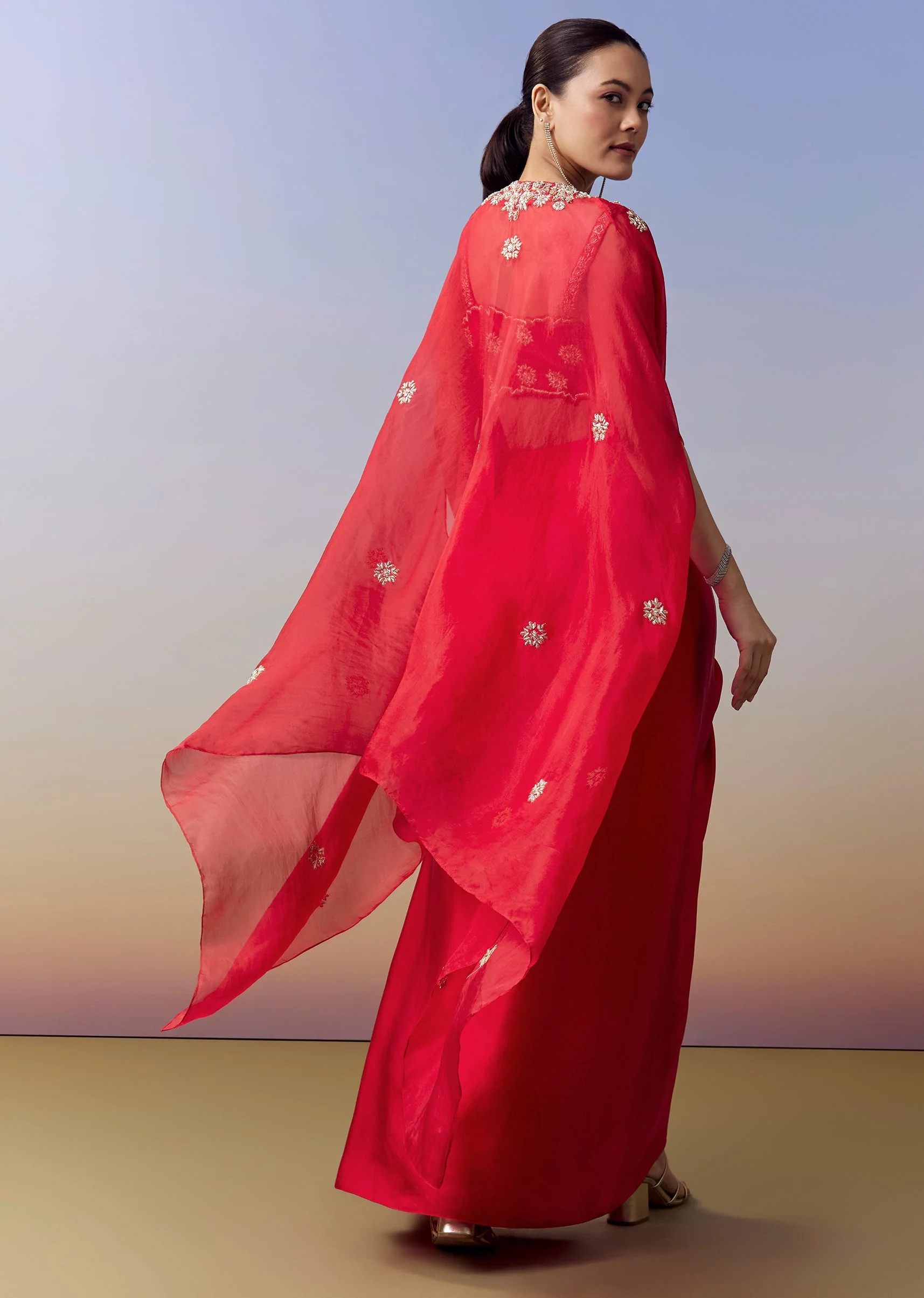 Red Contemporary Crop Top Skirt Set With Zardosi Work And Organza Cape - Image 5