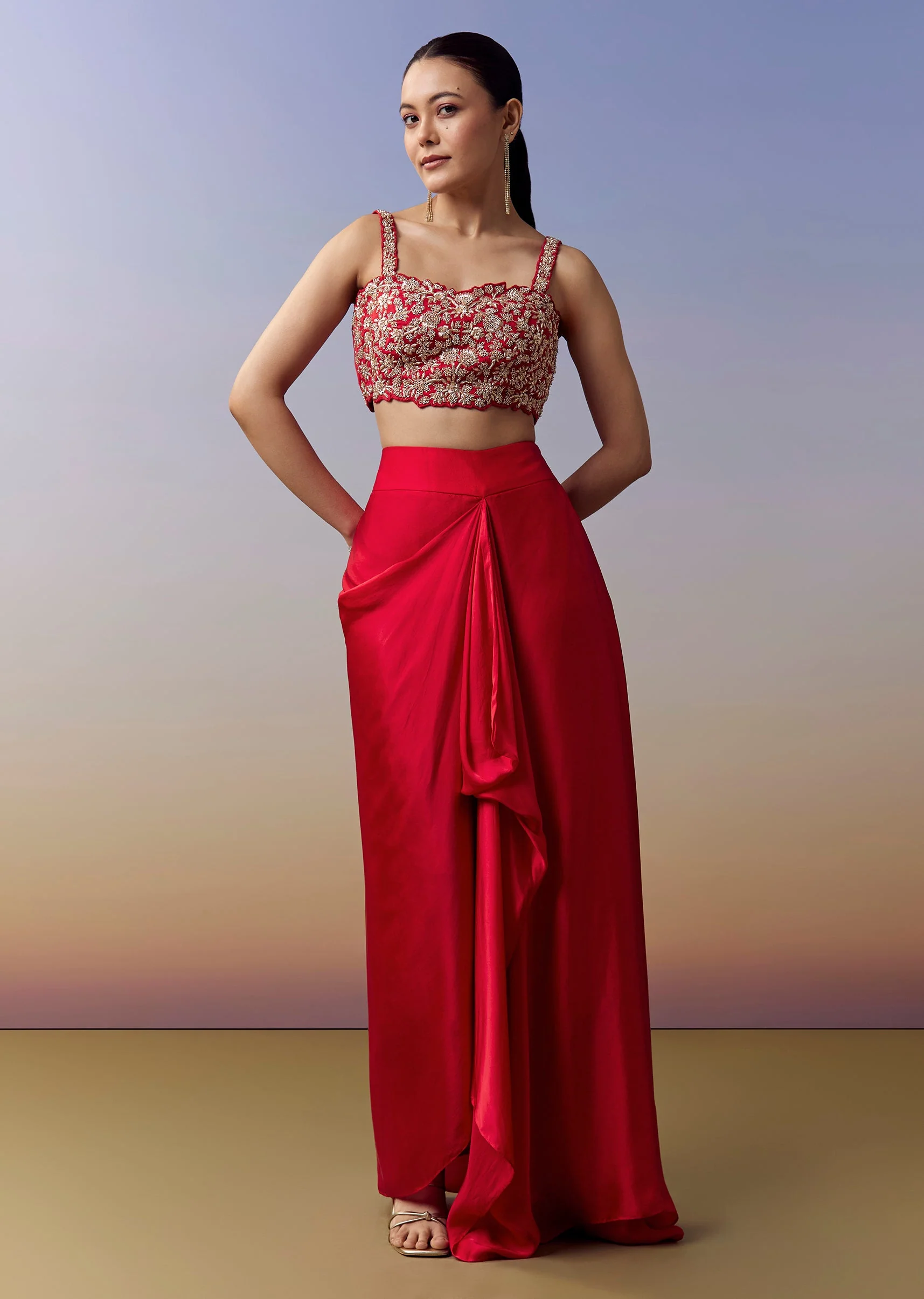 Red Contemporary Crop Top Skirt Set With Zardosi Work And Organza Cape - Image 6