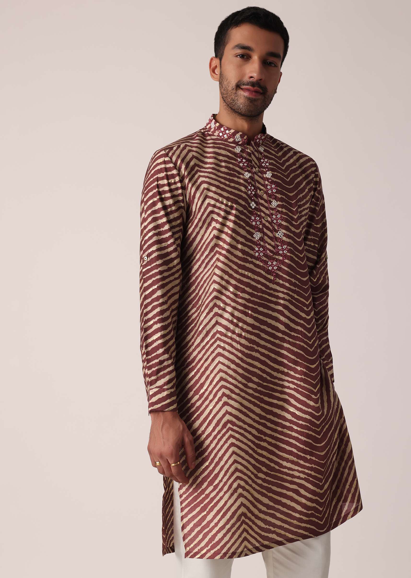 Red Cotton Kurta With Lehariya Print For Men - Image 3