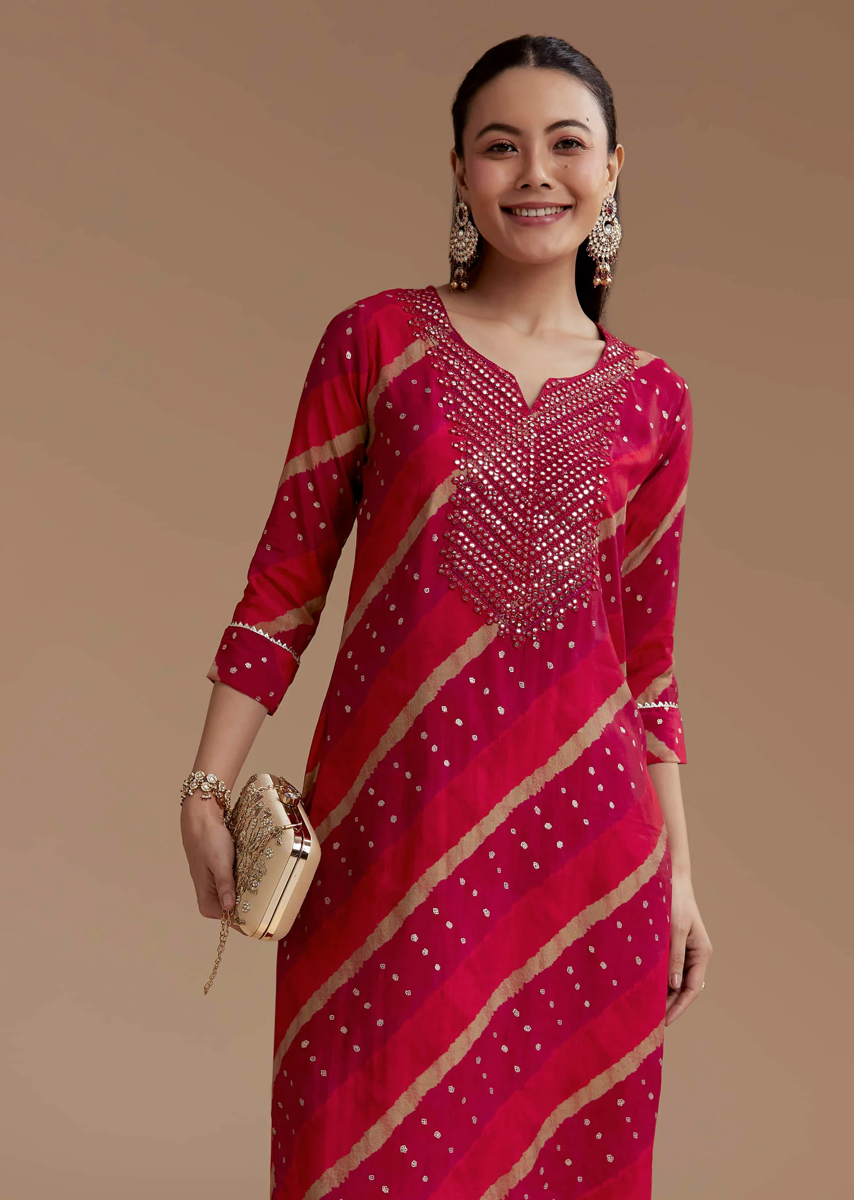 Red Cotton Silk Foil Mirror Kurta Set - Image 4
