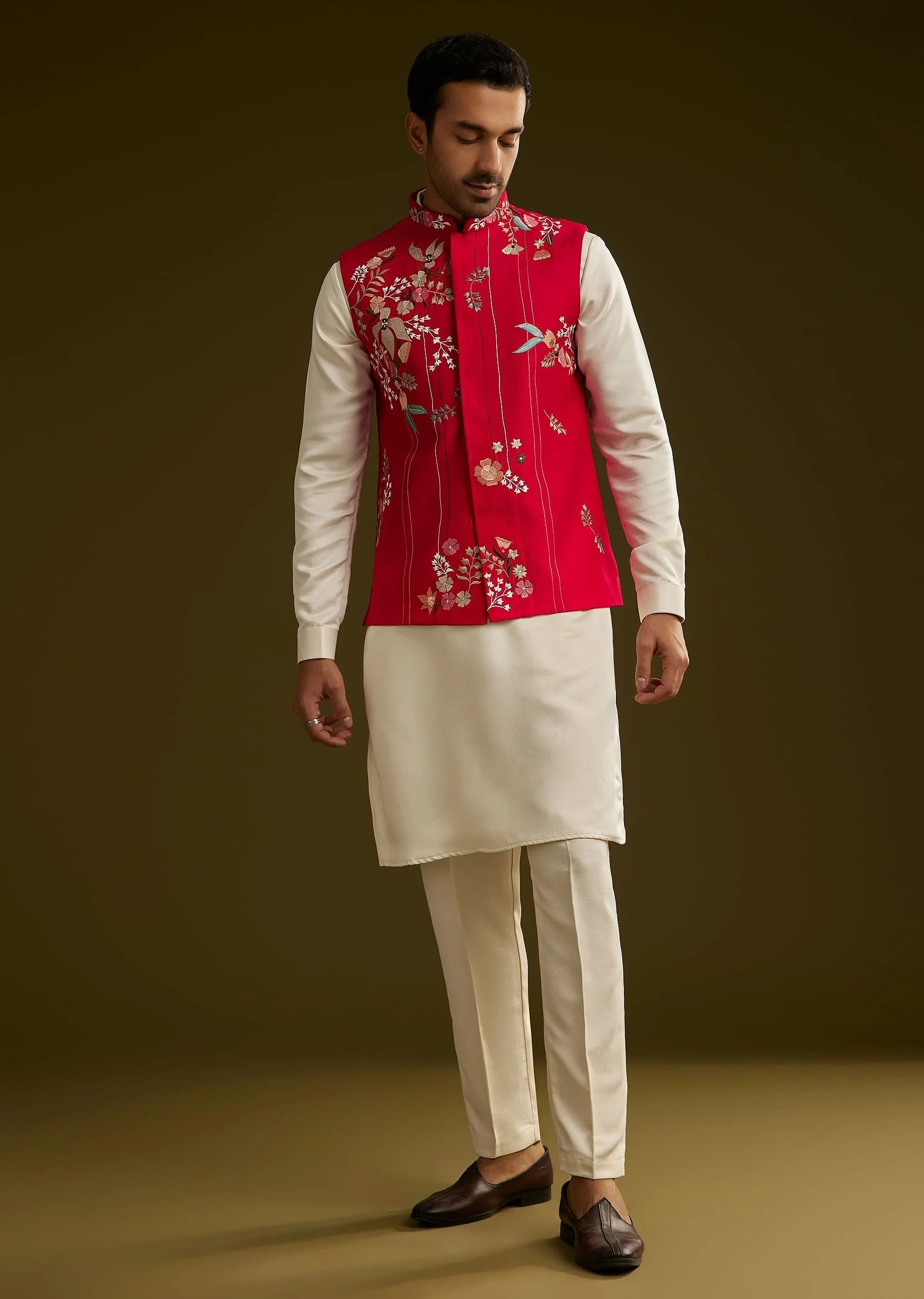 Red Cotton Silk Kurta Set With Nature Motif Jacket - Image 3