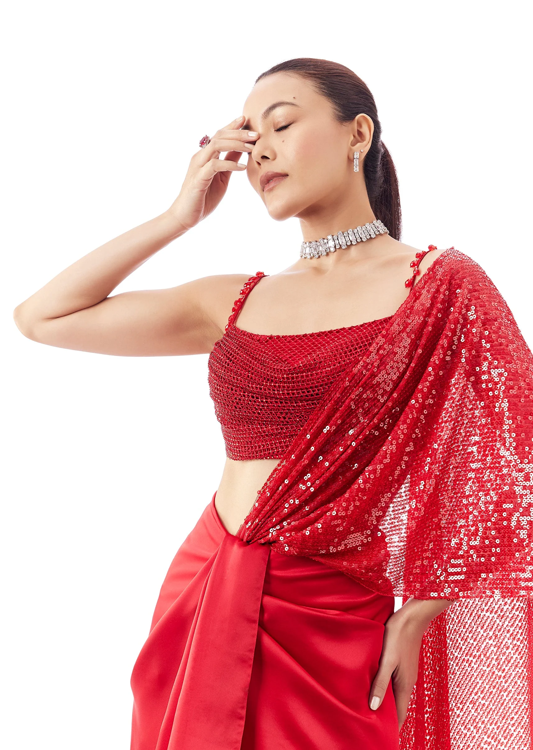 Red Cowl Neck Blouse With Tassel Detail