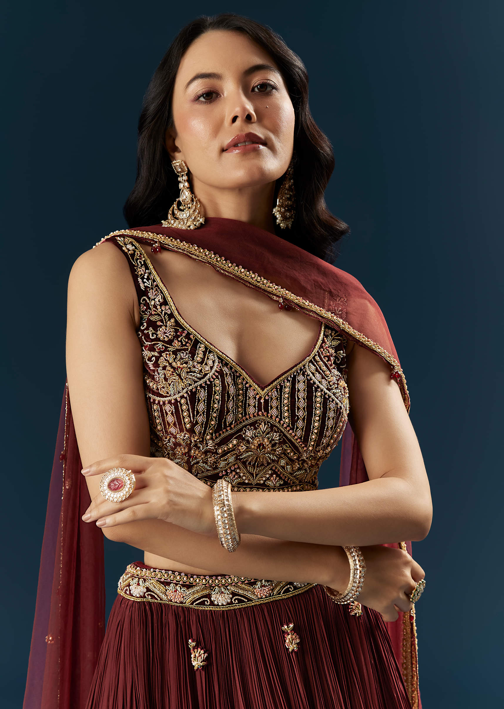 Red Crepe Bridesmaid Lehenga With Heavy Embroidery - Image 3
