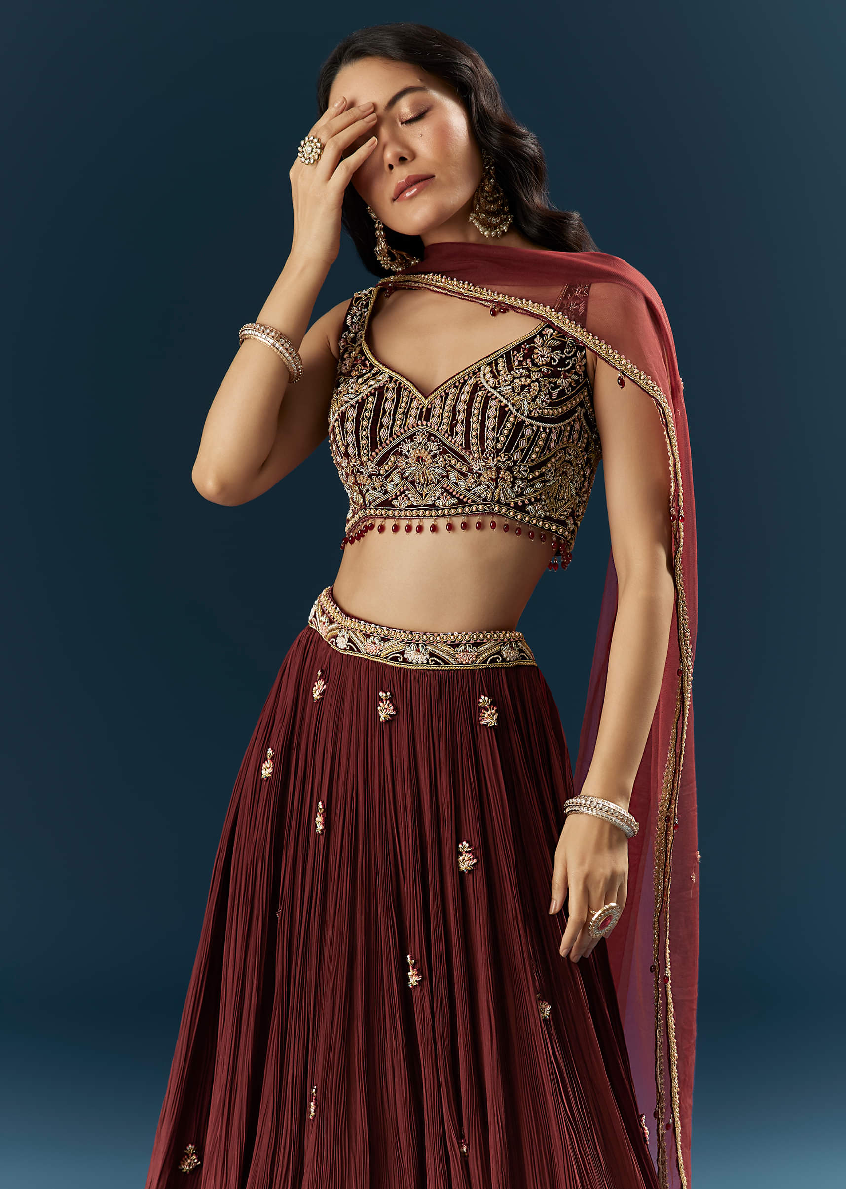 Red Crepe Bridesmaid Lehenga With Heavy Embroidery - Image 5