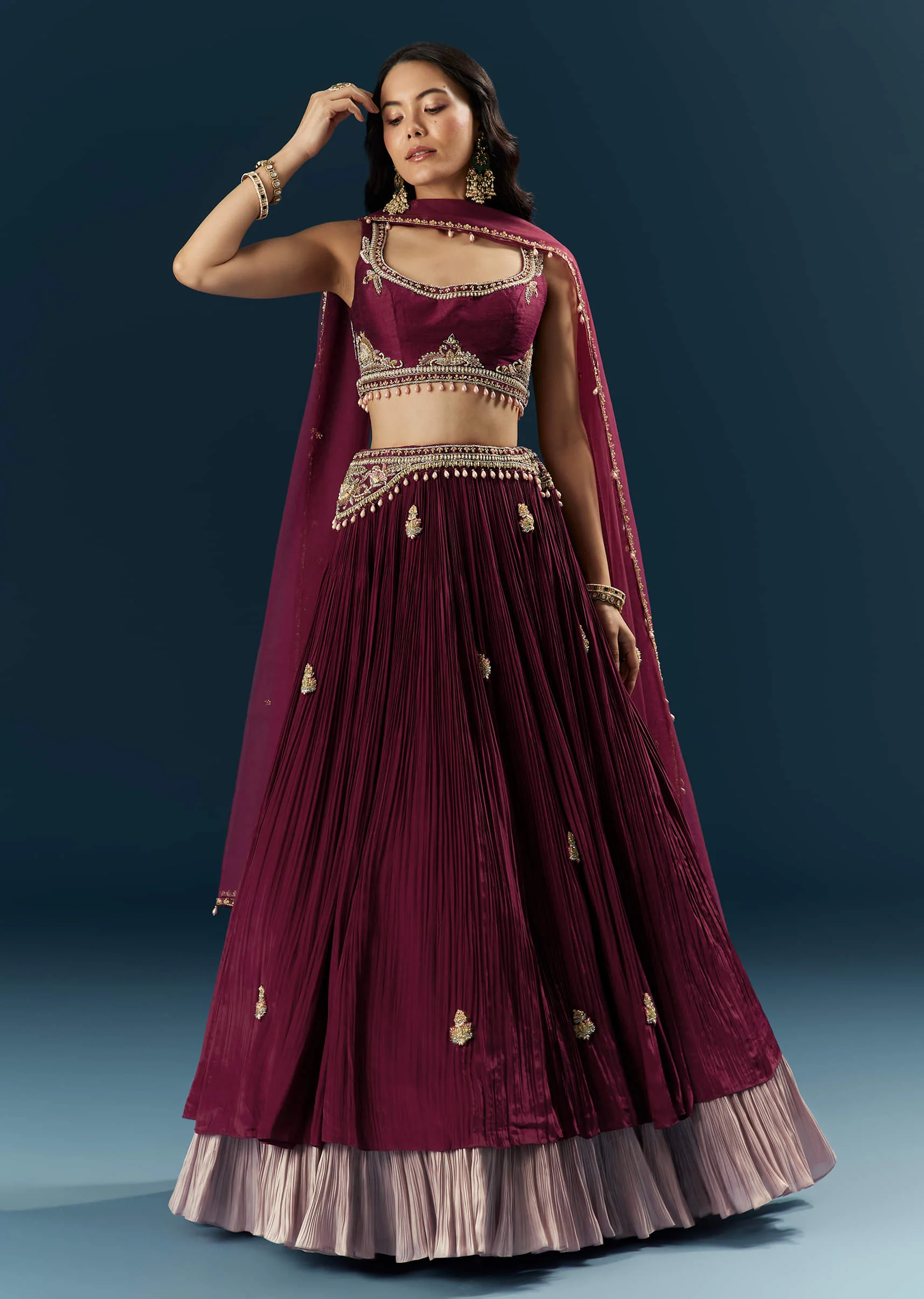 Red Crepe Bridesmaid Lehenga With Sequins And Moti Embroidery - Image 7
