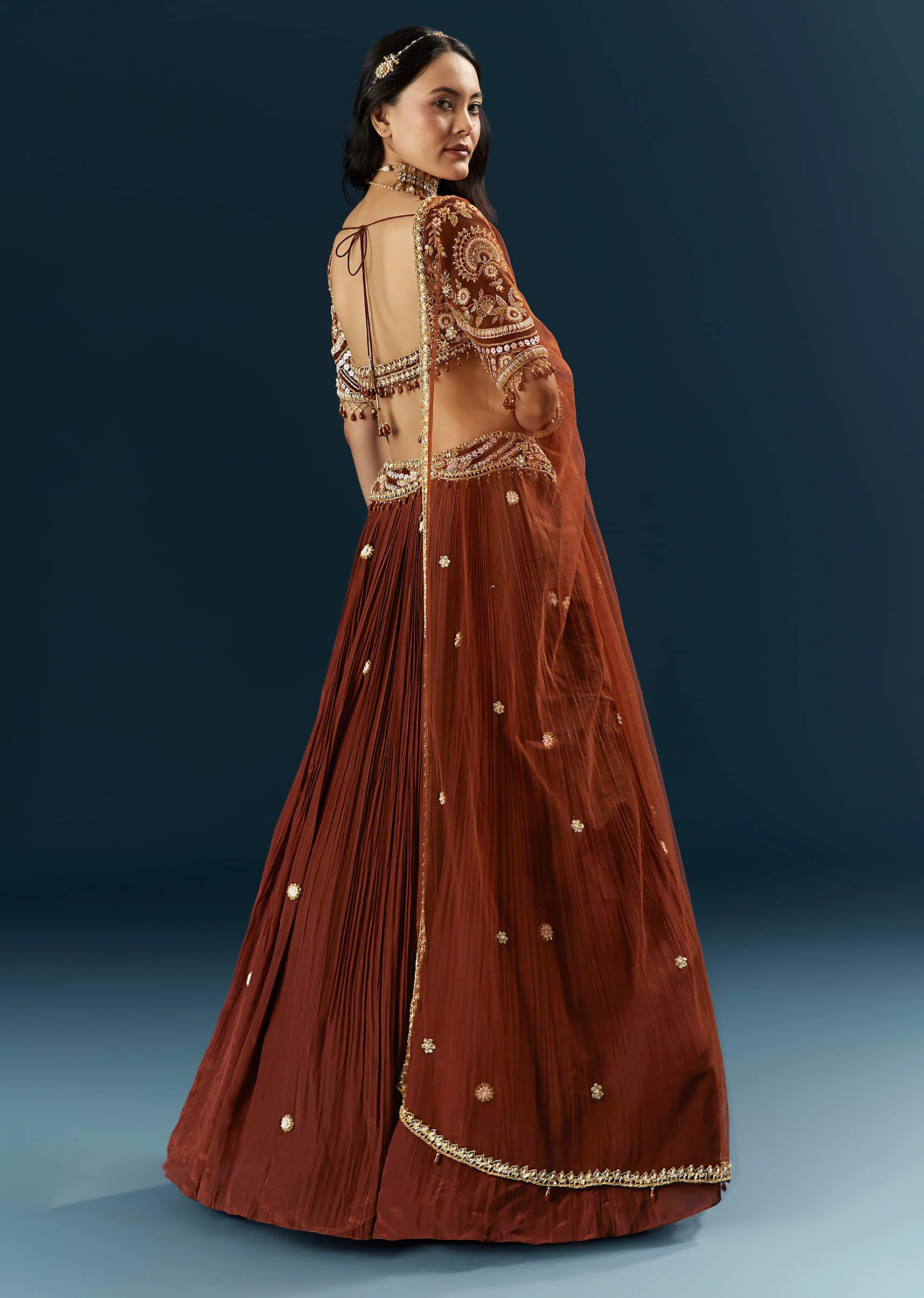 Red Crepe Bridesmaid Lehenga With Sequins And Stone Embroidery - Image 2