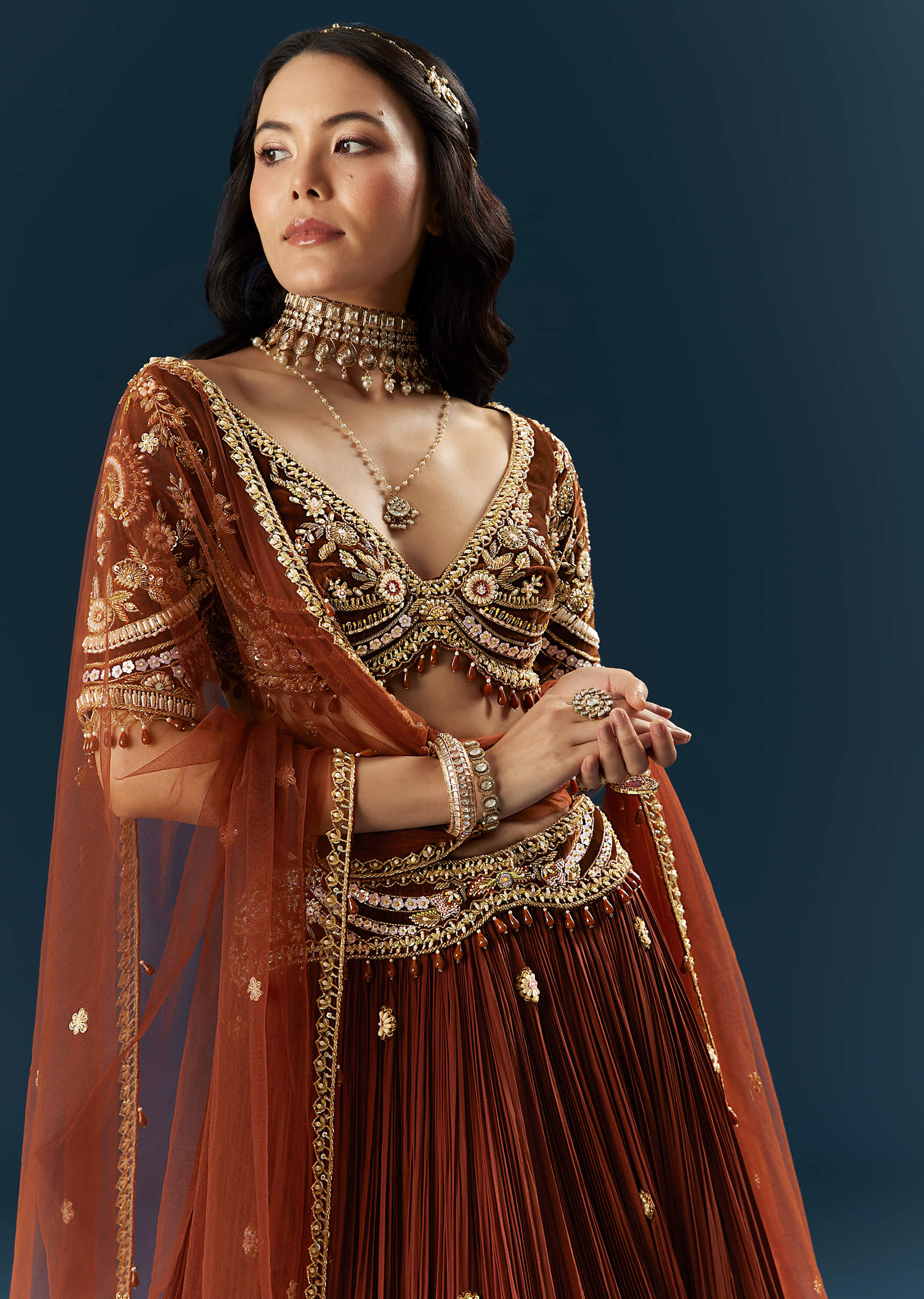 Red Crepe Bridesmaid Lehenga With Sequins And Stone Embroidery - Image 3