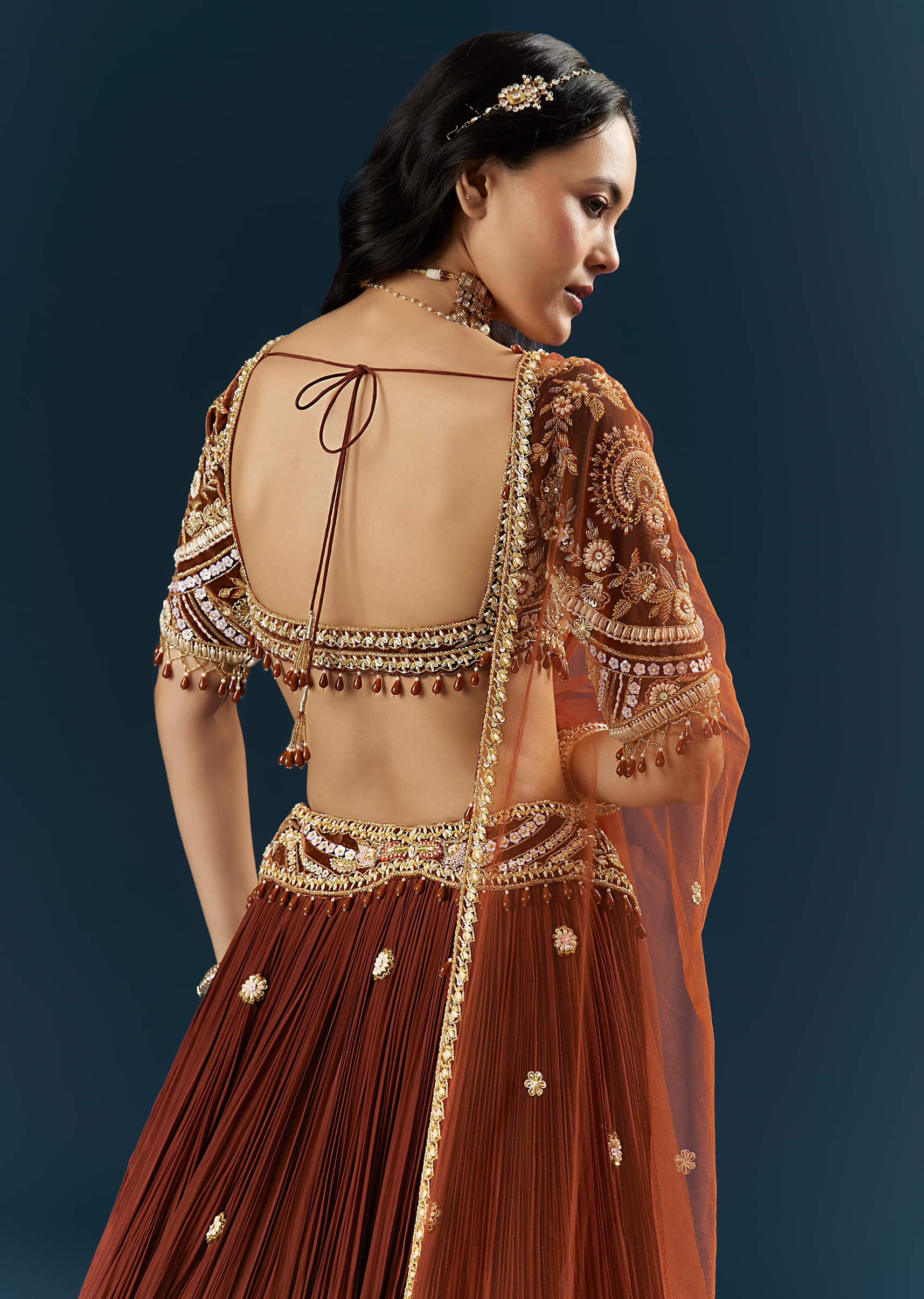 Red Crepe Bridesmaid Lehenga With Sequins And Stone Embroidery - Image 6