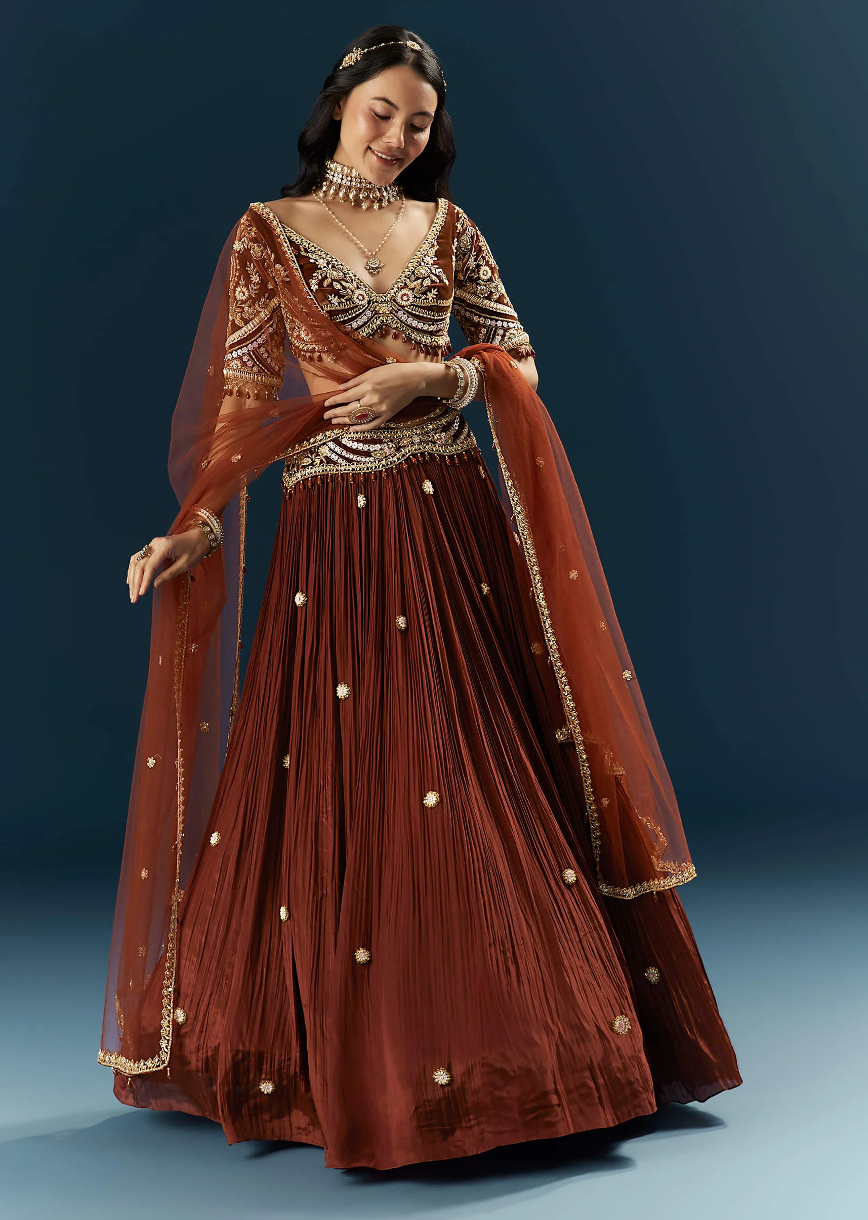 Red Crepe Bridesmaid Lehenga With Sequins And Stone Embroidery - Image 7