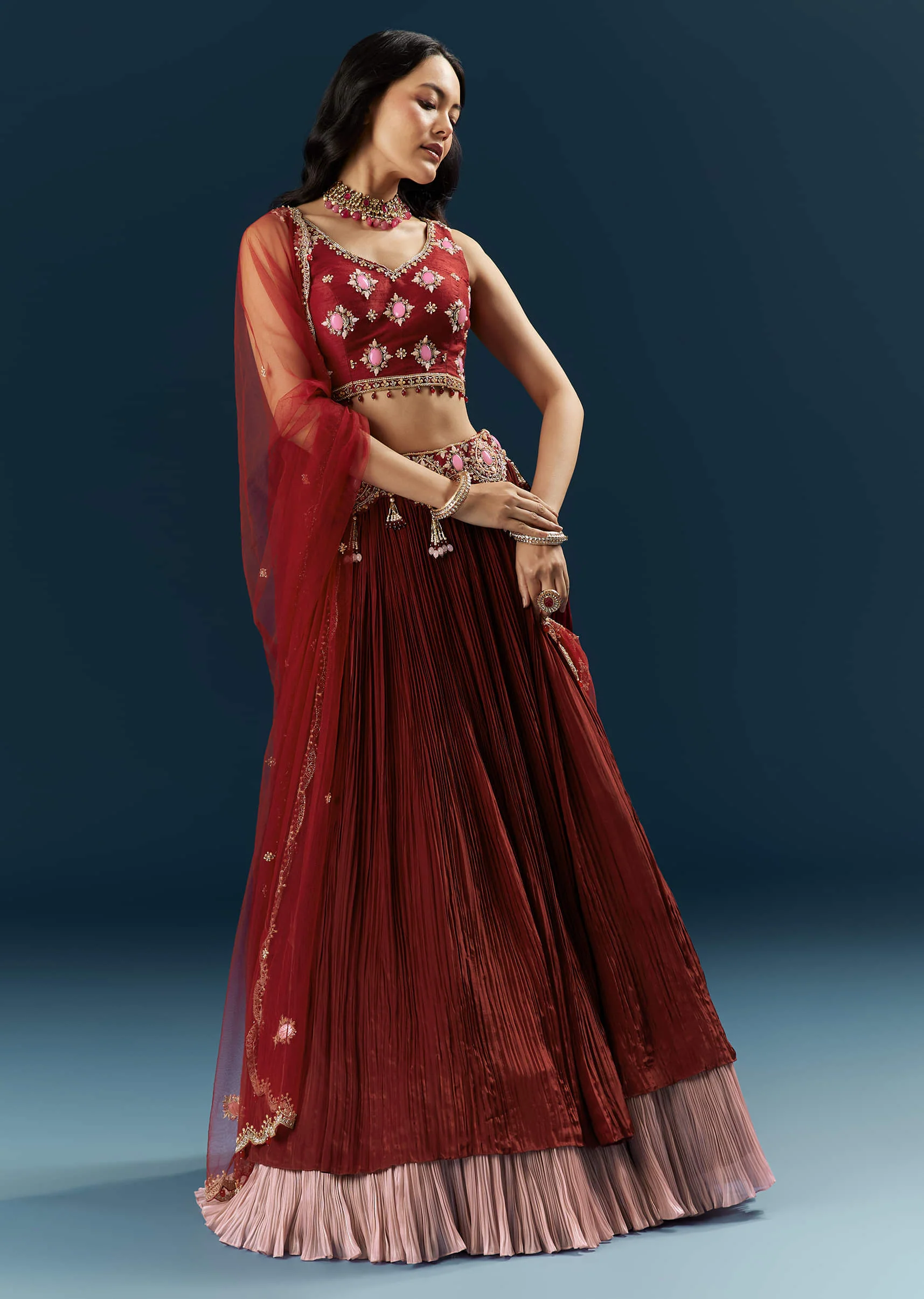 Red Crepe Bridesmaid Lehenga With Stone Work - Image 4