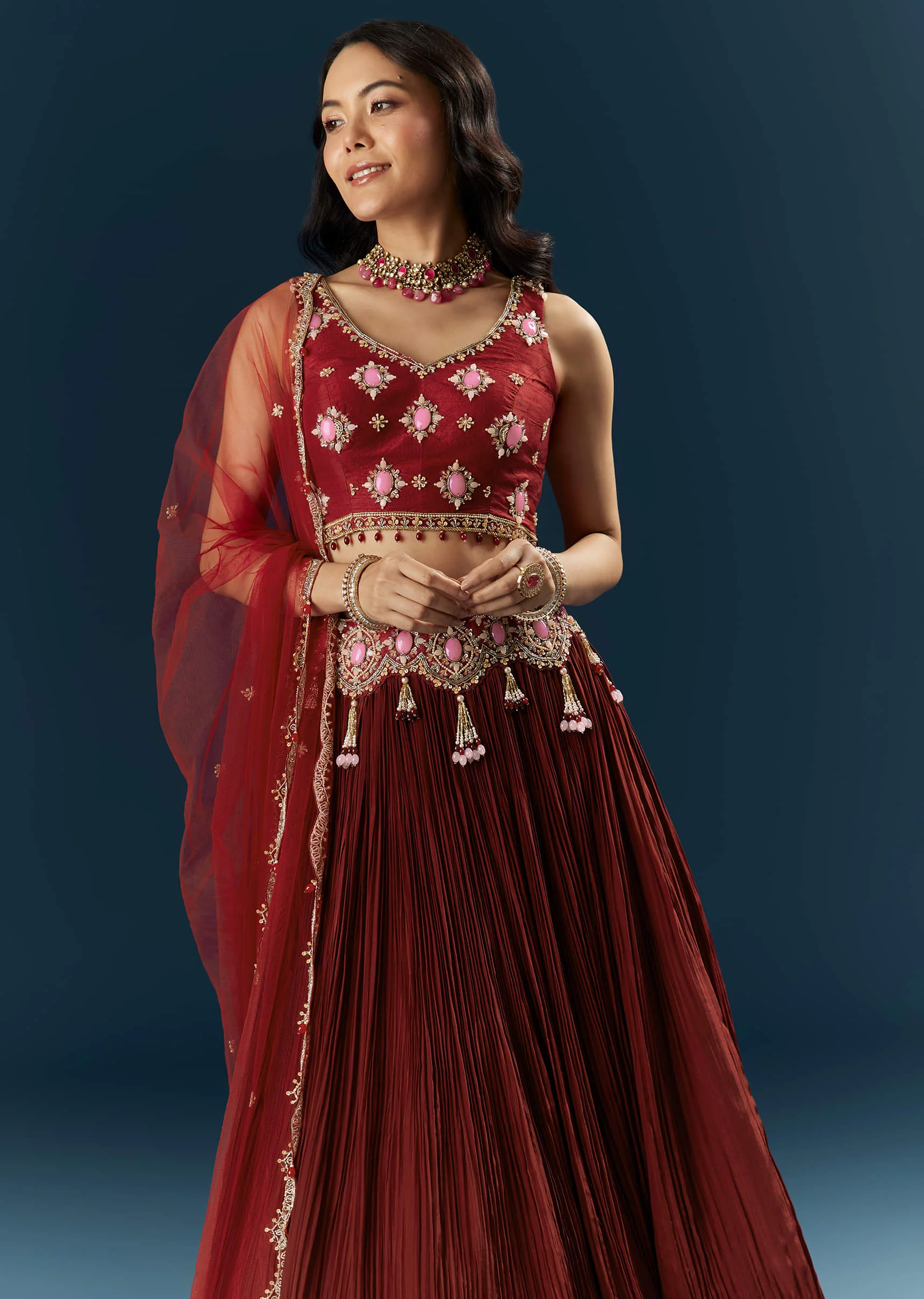 Red Crepe Bridesmaid Lehenga With Stone Work - Image 5