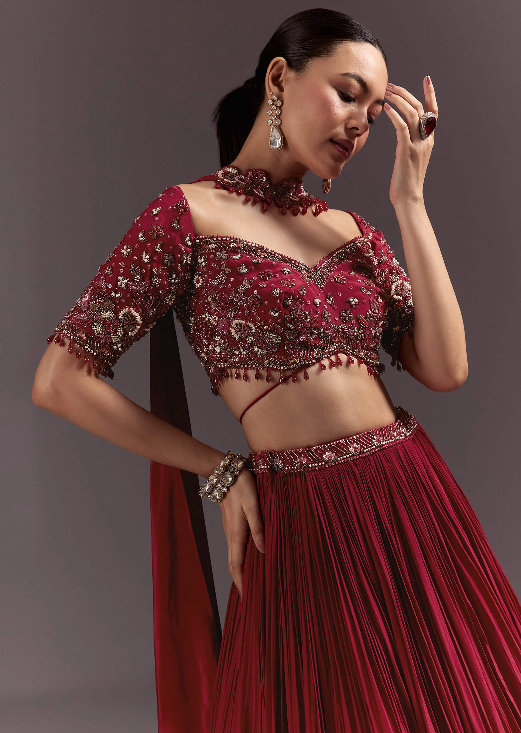 Red Crepe Hand Embroidered Lehenga Set With Dupatta - Image 2