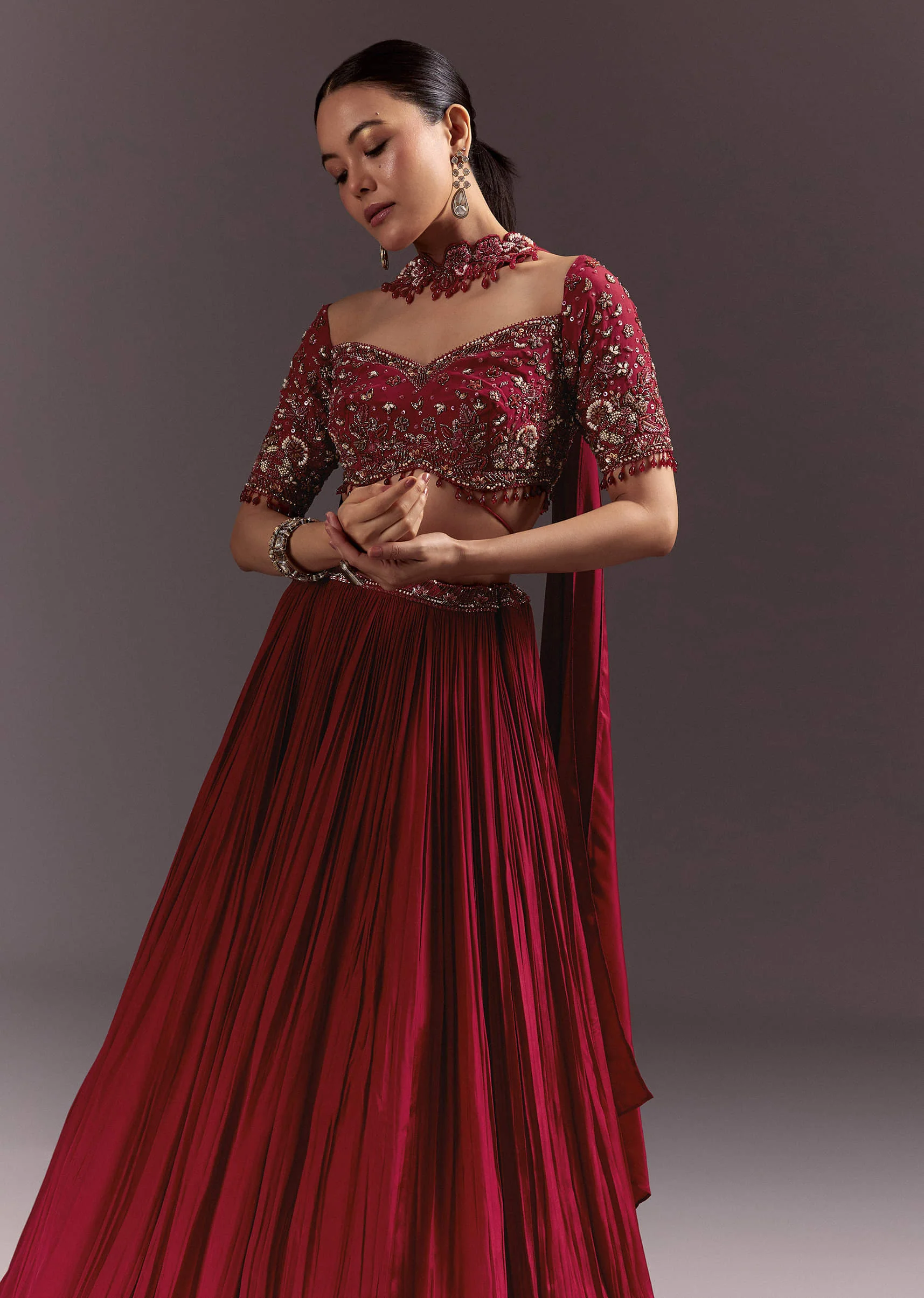 Red Crepe Hand Embroidered Lehenga Set With Dupatta - Image 3
