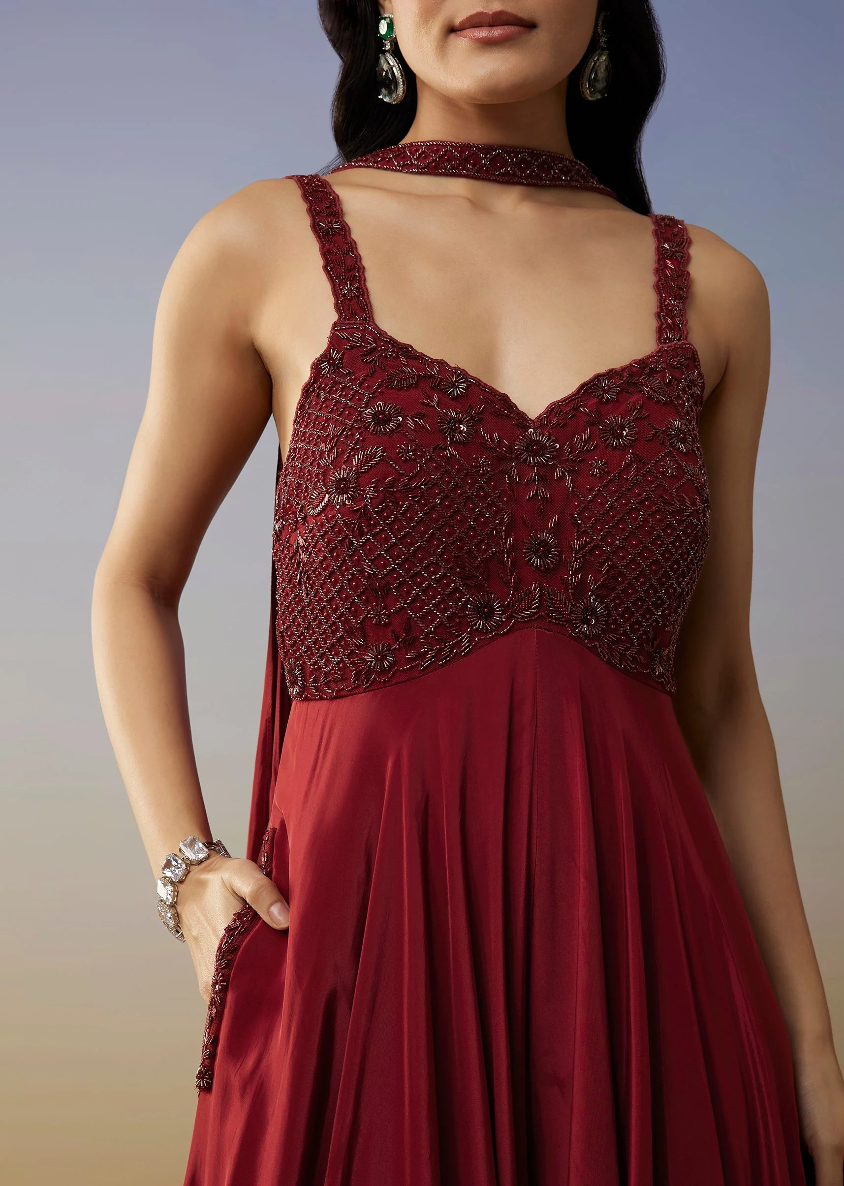 Red Crepe Jumpsuit with Cut Dana Work - Image 2