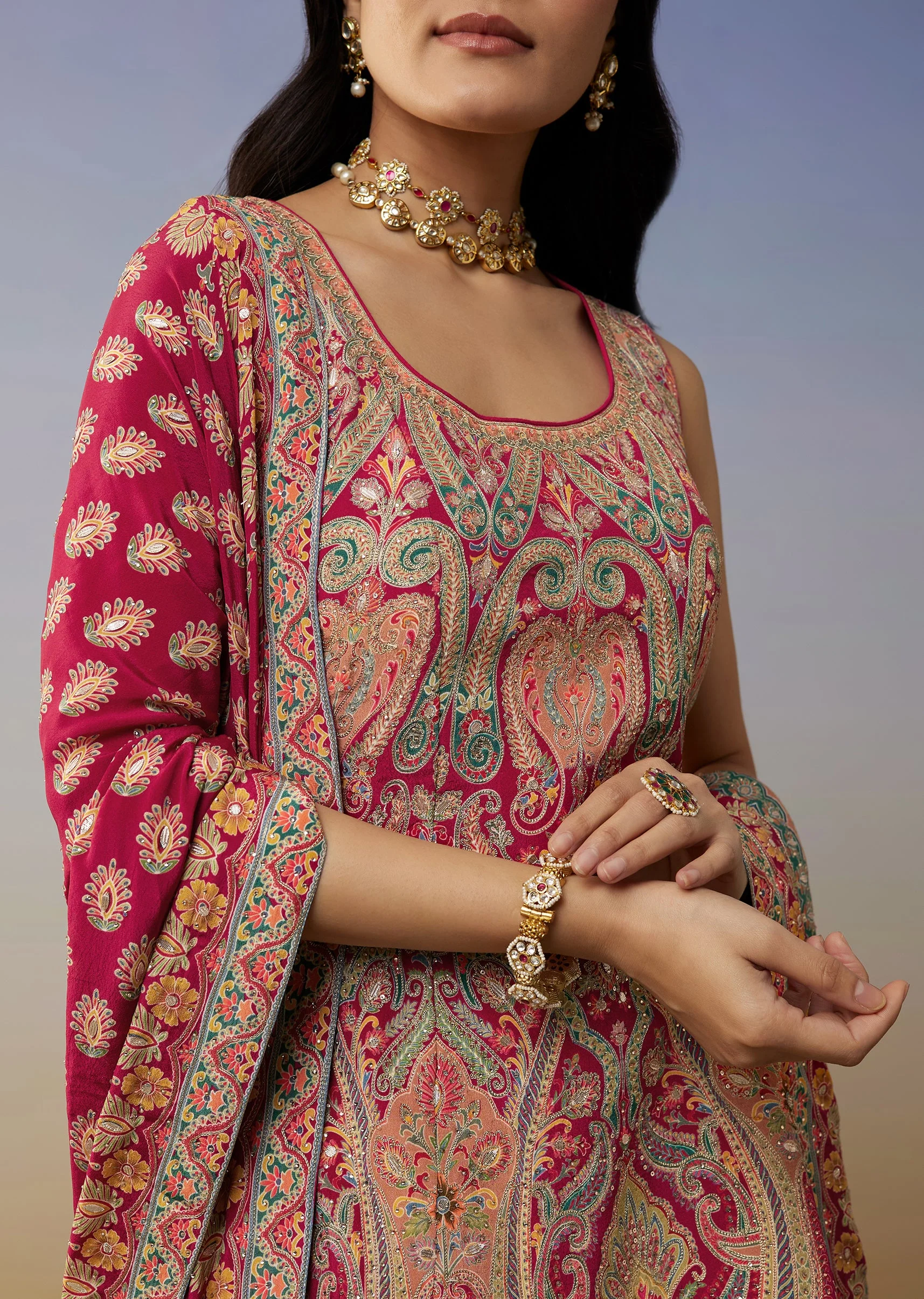 Red Crepe Palazzo Suits with Gotta and Stone Work - Image 2