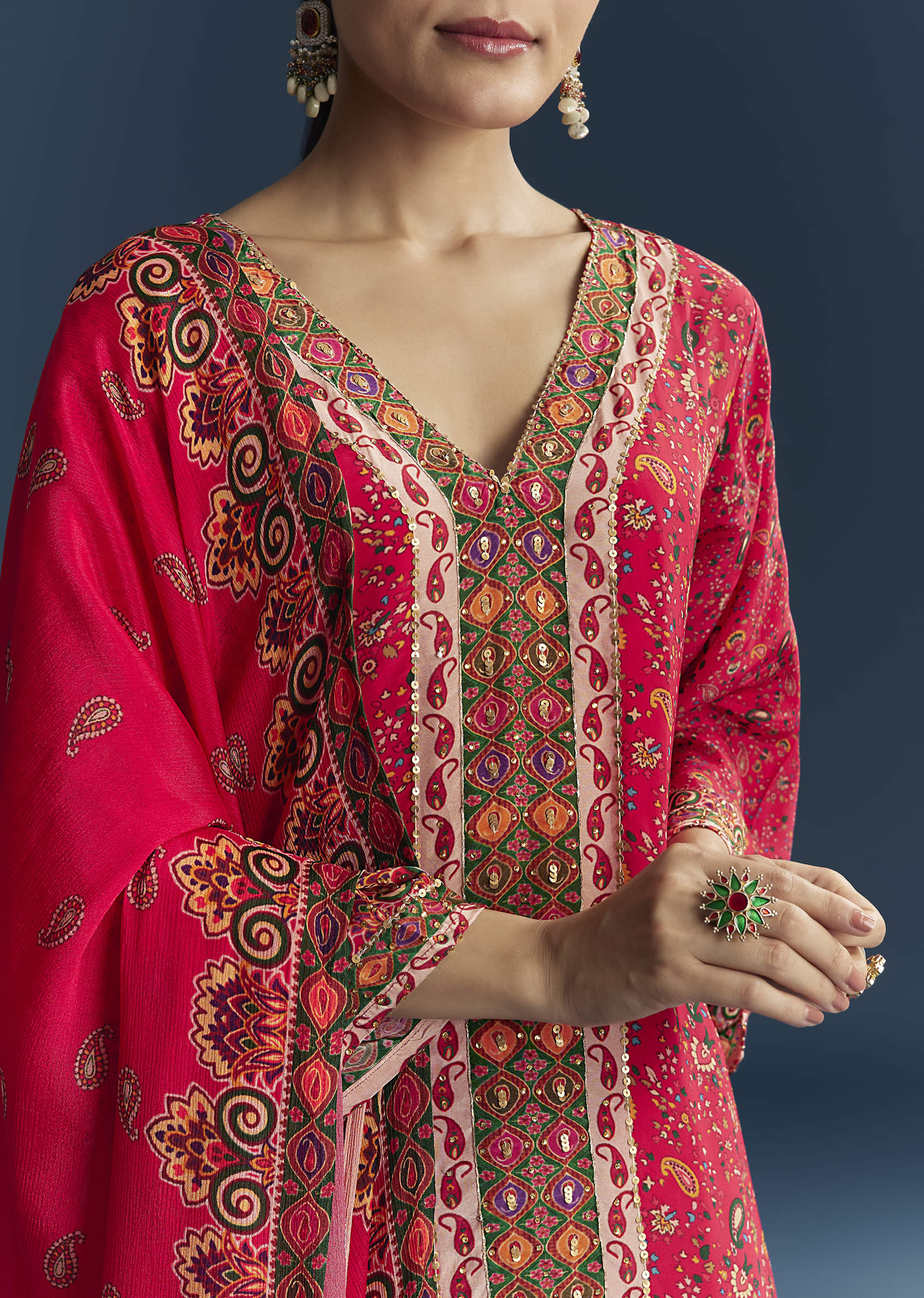 Red Crepe Printed Kurta Set - Image 2