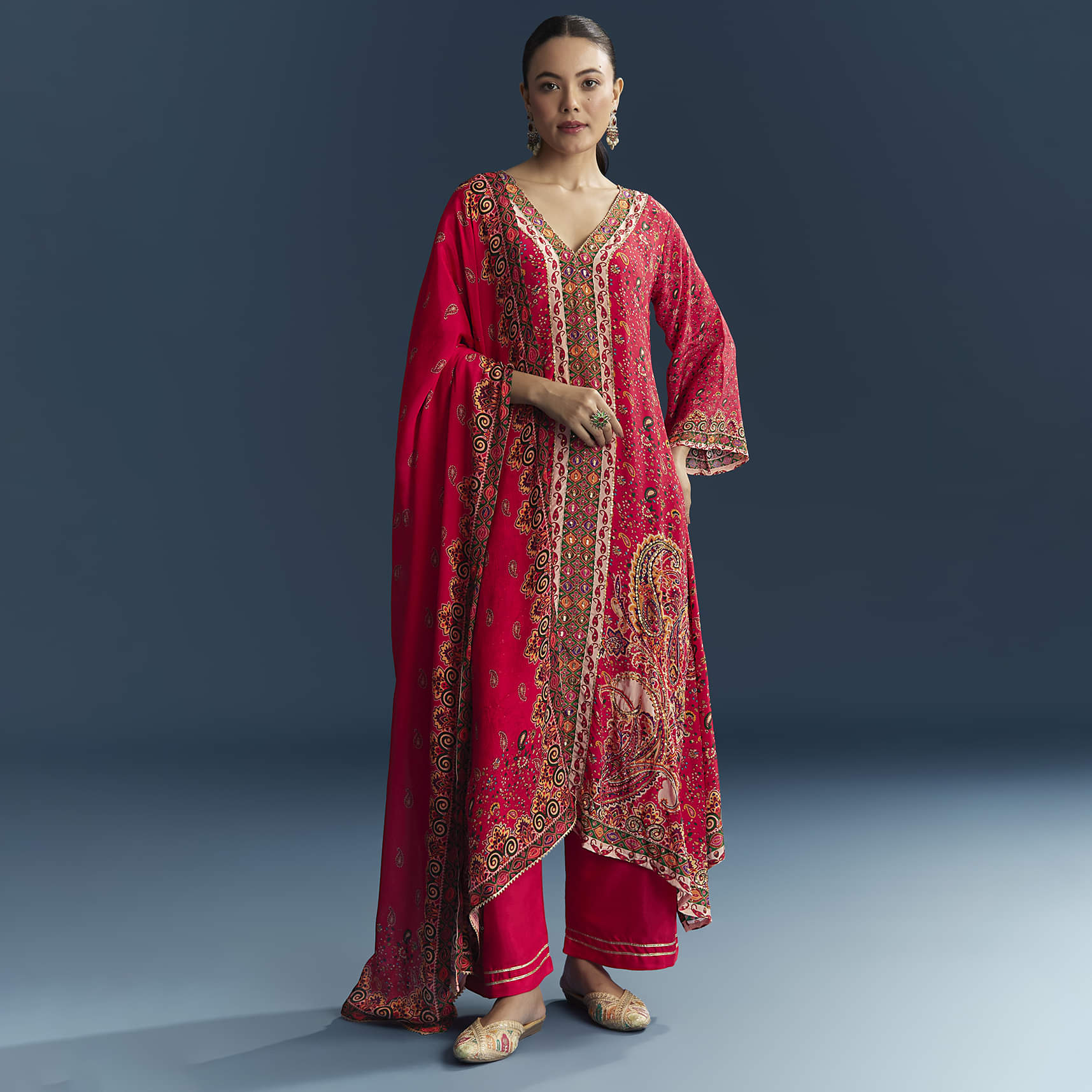 Red Crepe Printed Kurta Set - Image 3