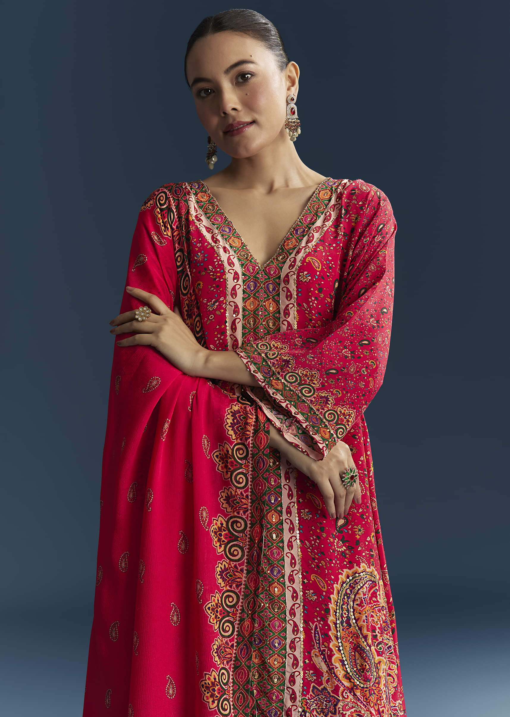 Red Crepe Printed Kurta Set - Image 4