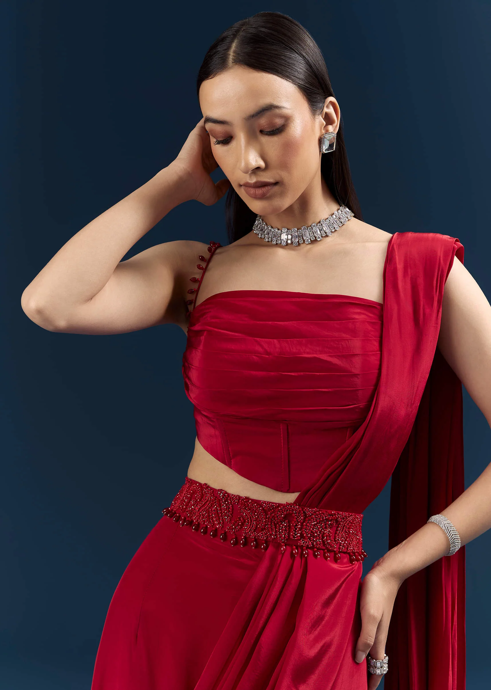 Red Crepe Ready Pleated Saree With Heavy Embroidery - Image 2