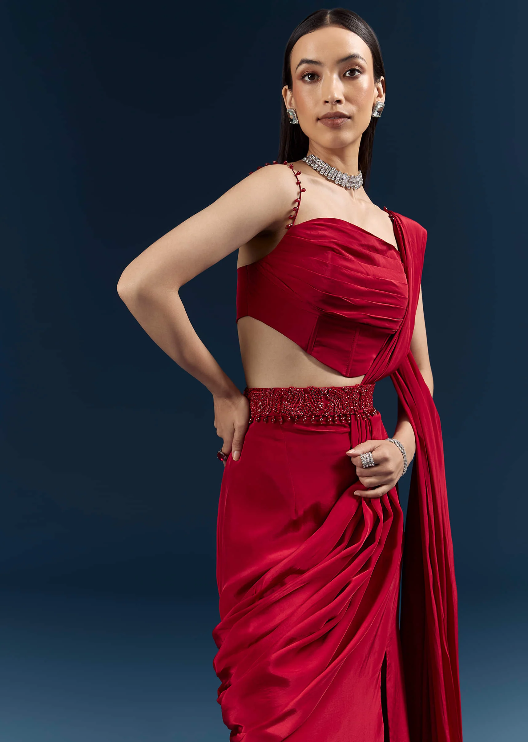 Red Crepe Ready Pleated Saree With Heavy Embroidery - Image 3