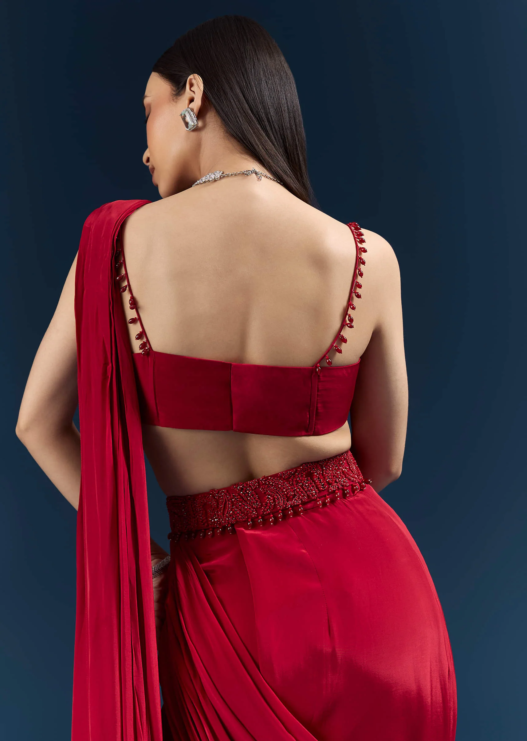 Red Crepe Ready Pleated Saree With Heavy Embroidery - Image 5