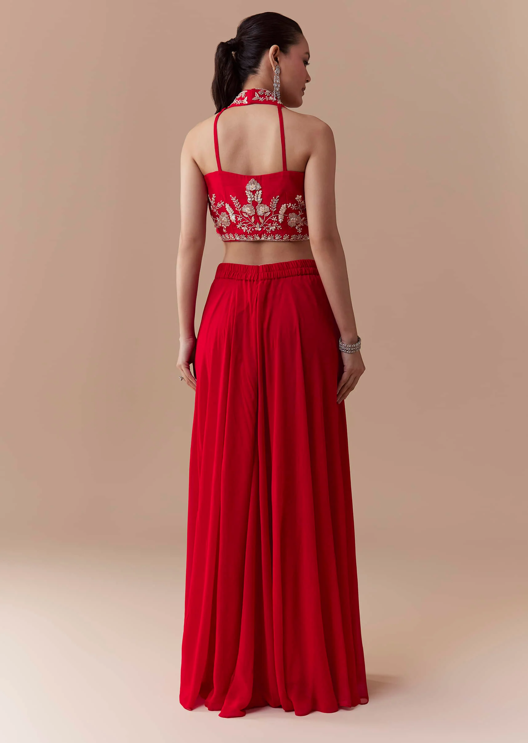 Red Crop Top Silk Palazzo Set with Cudtana Embroidery - Image 5
