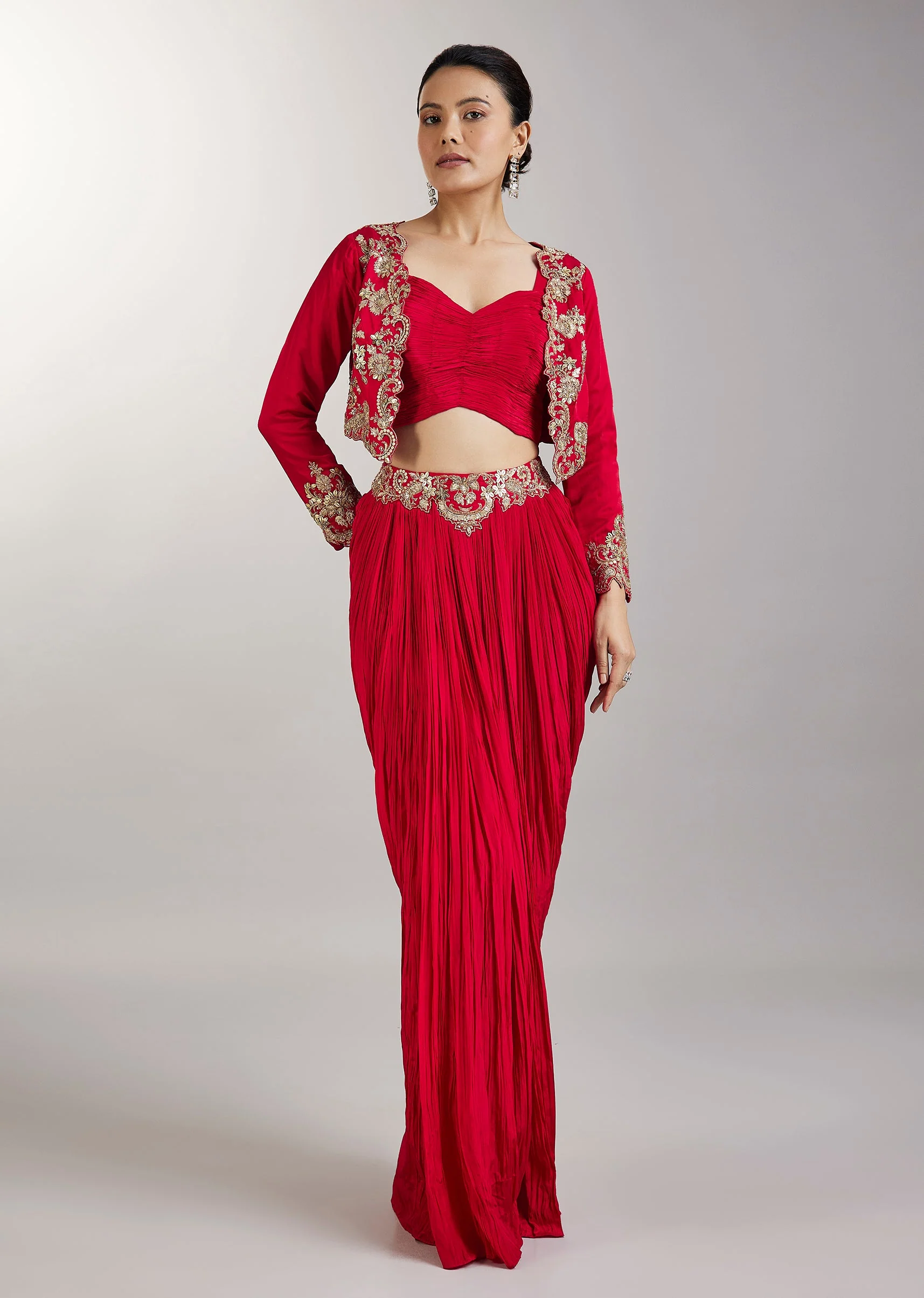 Red Crop Top Skirt With Embellished Jacket - Image 3