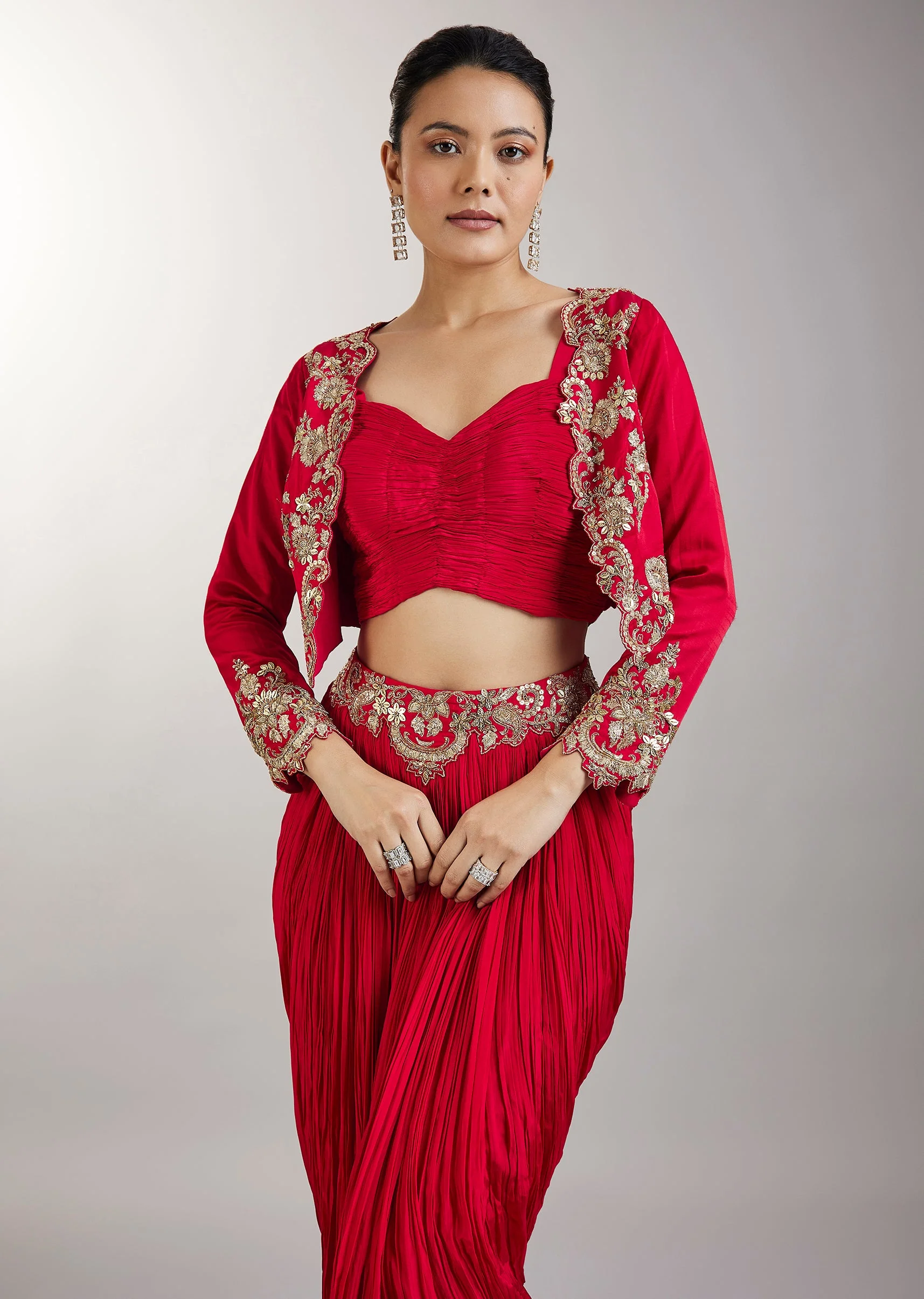 Red Crop Top Skirt With Embellished Jacket - Image 4