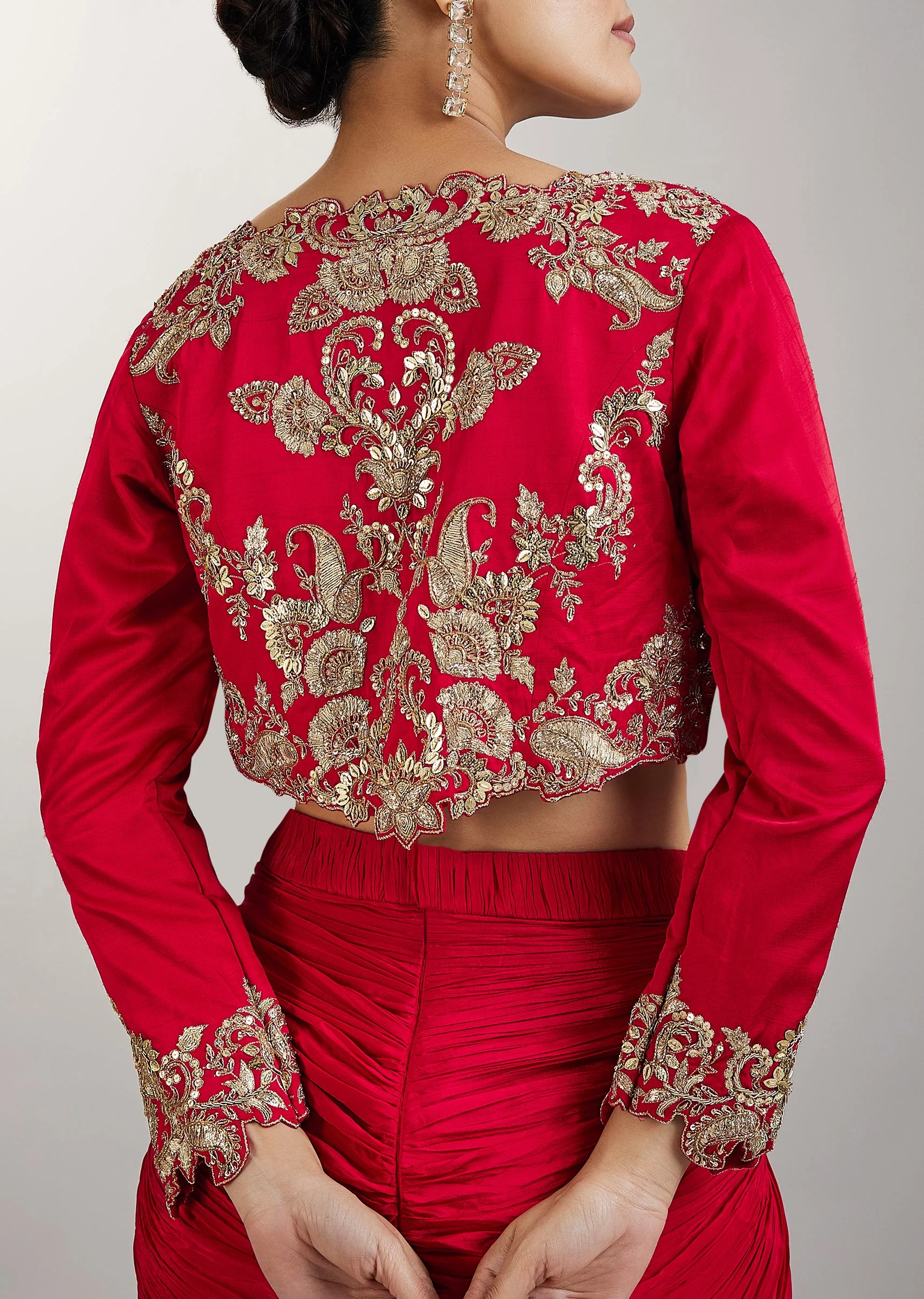 Red Crop Top Skirt With Embellished Jacket - Image 5