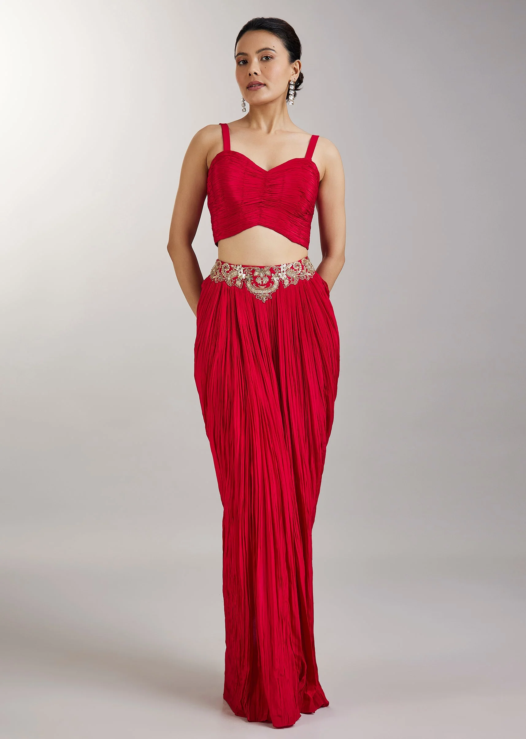 Red Crop Top Skirt With Embellished Jacket - Image 6
