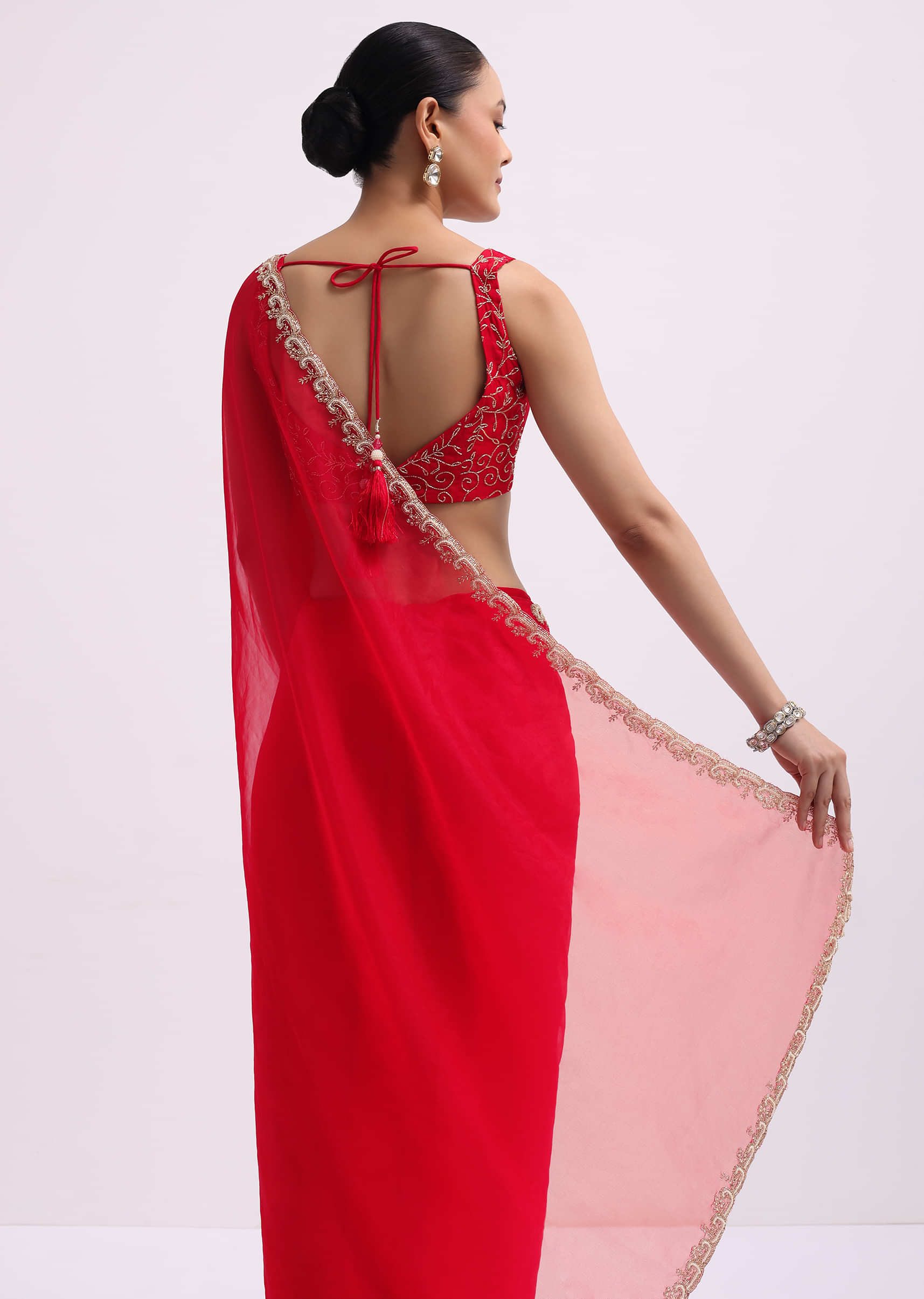 Red Cut Work Organza Saree With Unstitched Blouse - Image 4