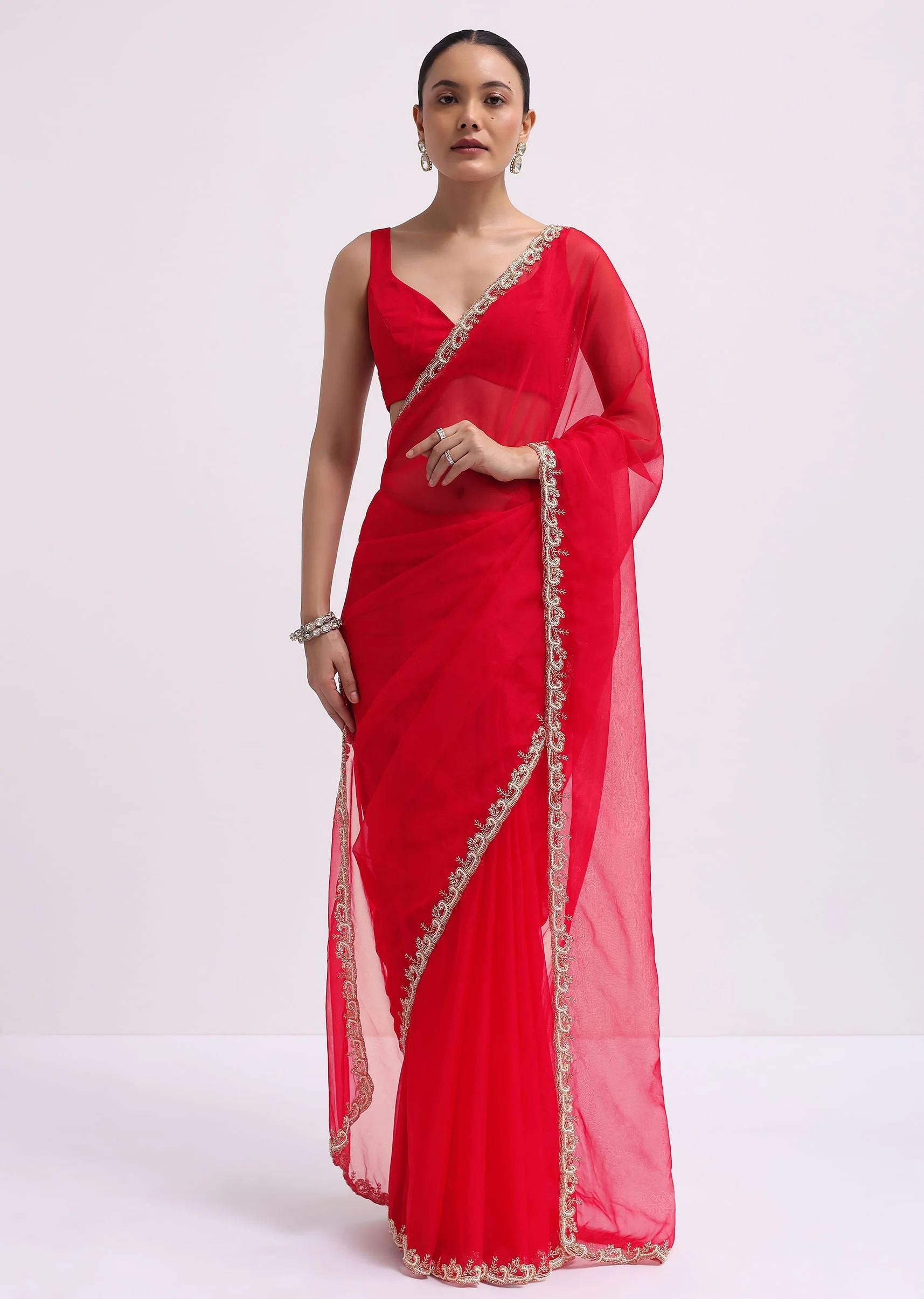 Red Cut Work Organza Saree With Unstitched Blouse - Image 5