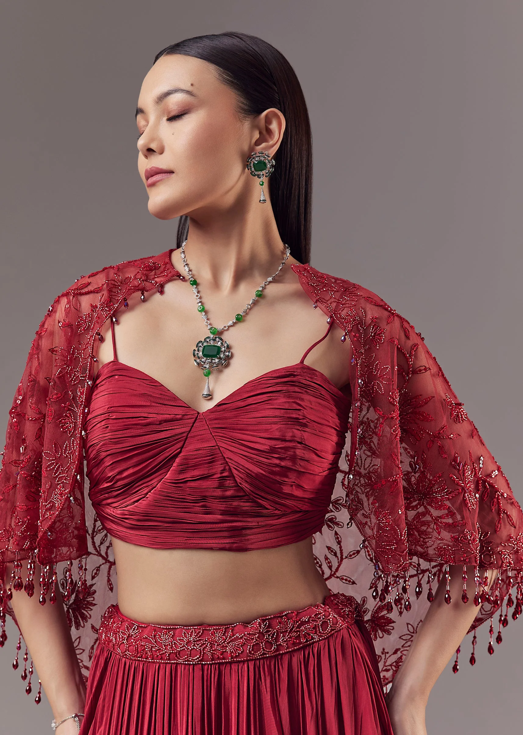 Red Cutdana Embellished Cape and Lehenga Set - Image 3