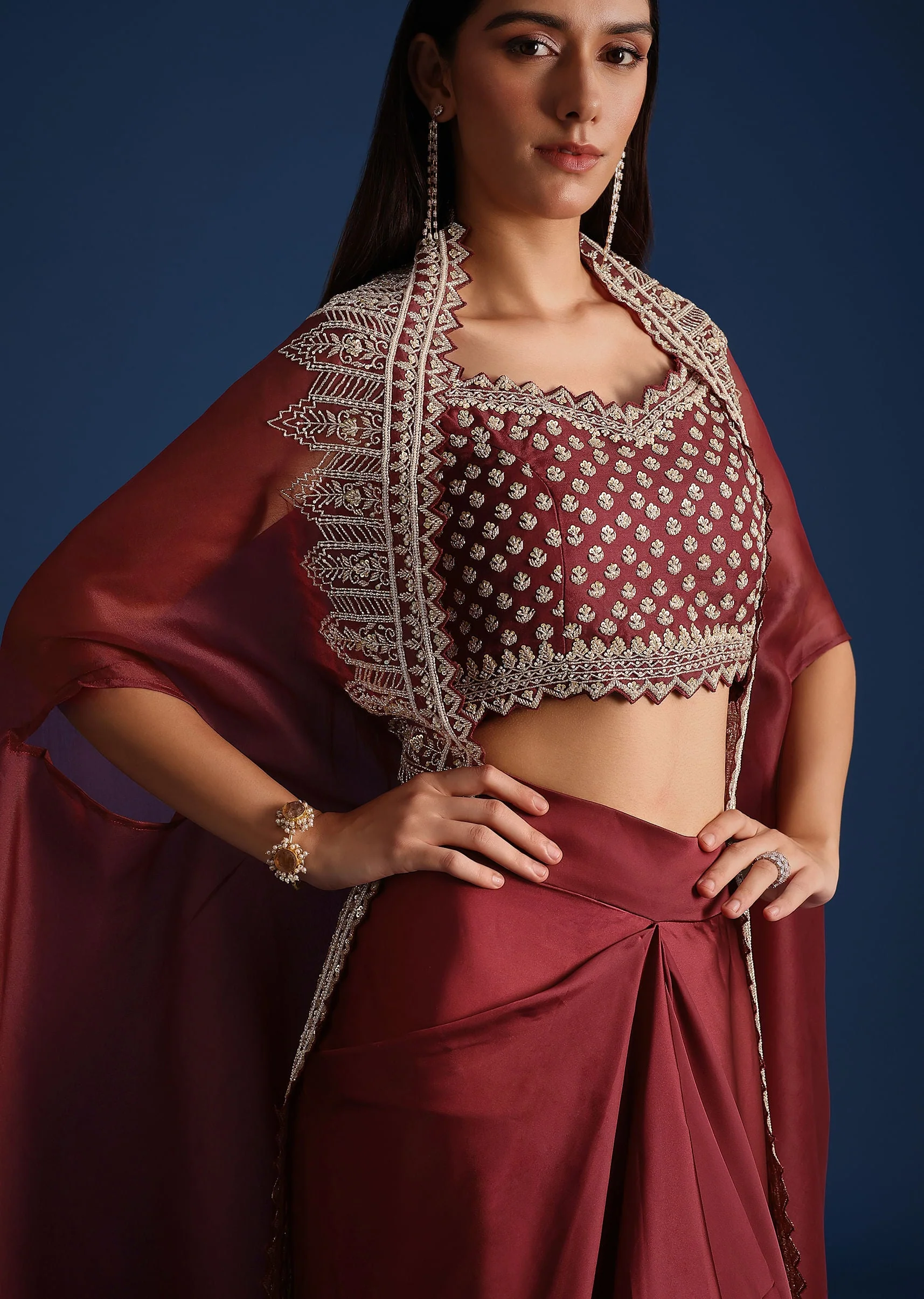 Red Cutdana Work Jacket With Draped Skirt And Crop Top - Image 4