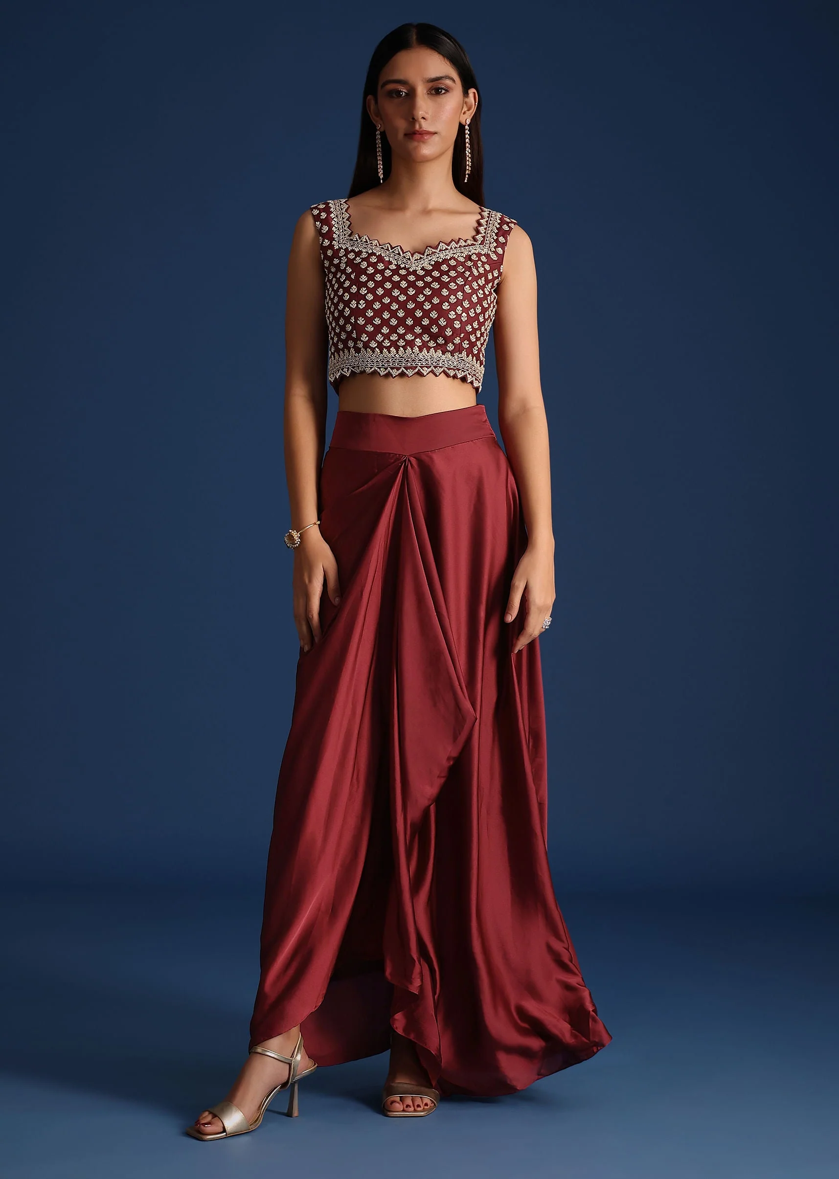 Red Cutdana Work Jacket With Draped Skirt And Crop Top - Image 6