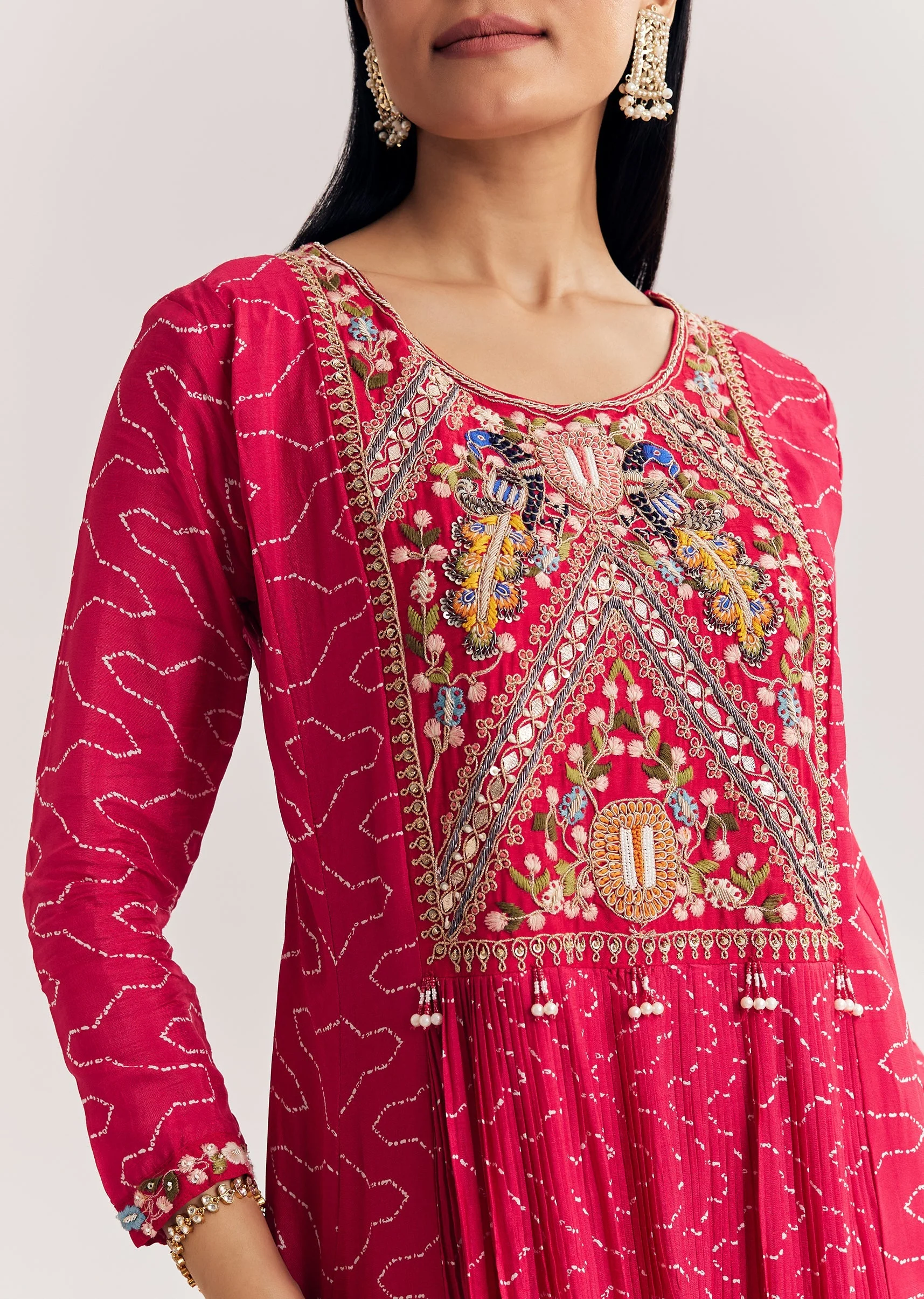 Red Dola Silk Gown With Embroidered Print - Image 2