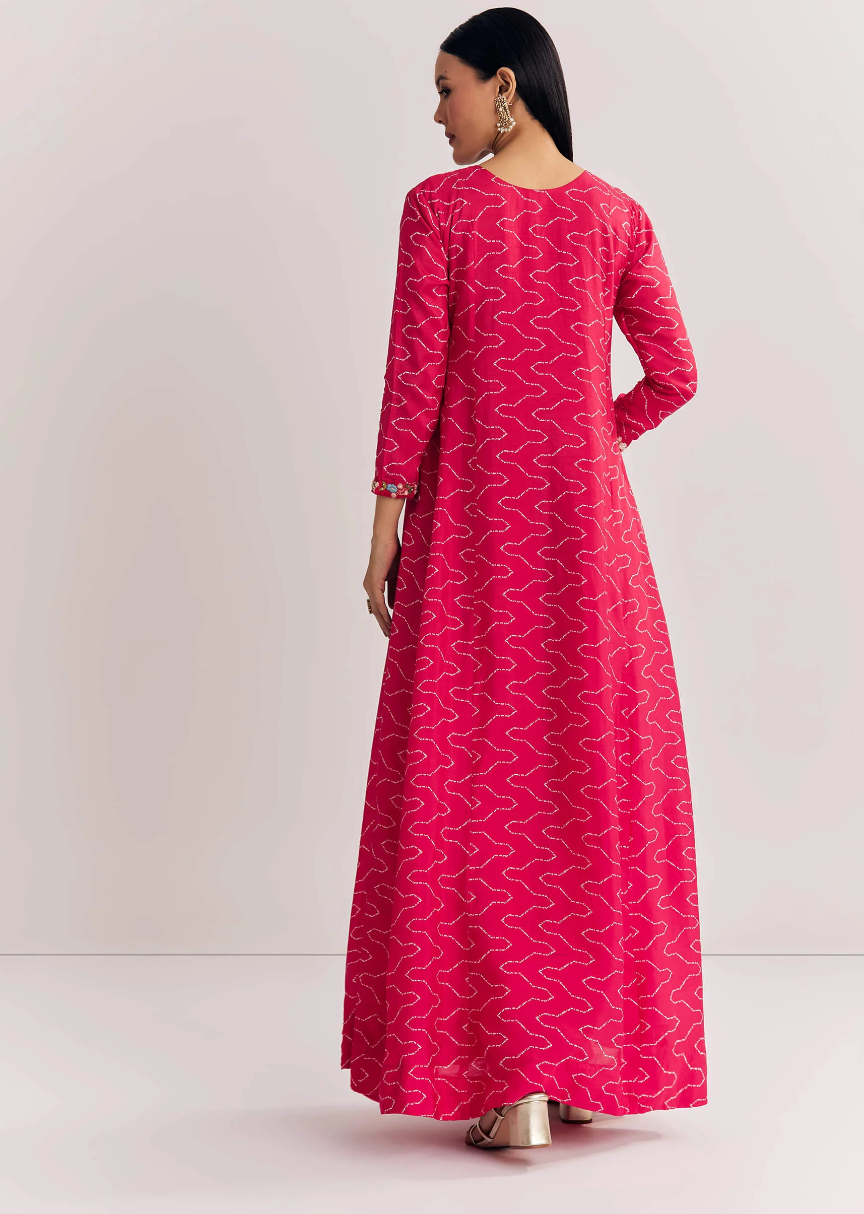 Red Dola Silk Gown With Embroidered Print - Image 5