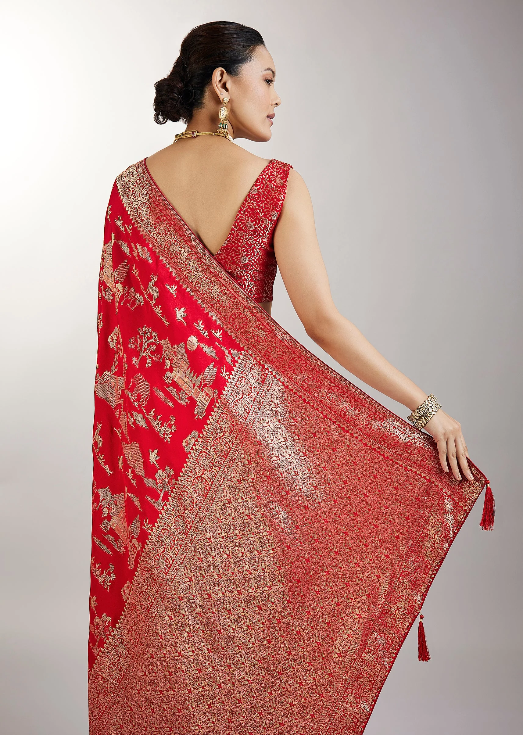 Red Dola Silk Jungla Weave Saree - Image 6